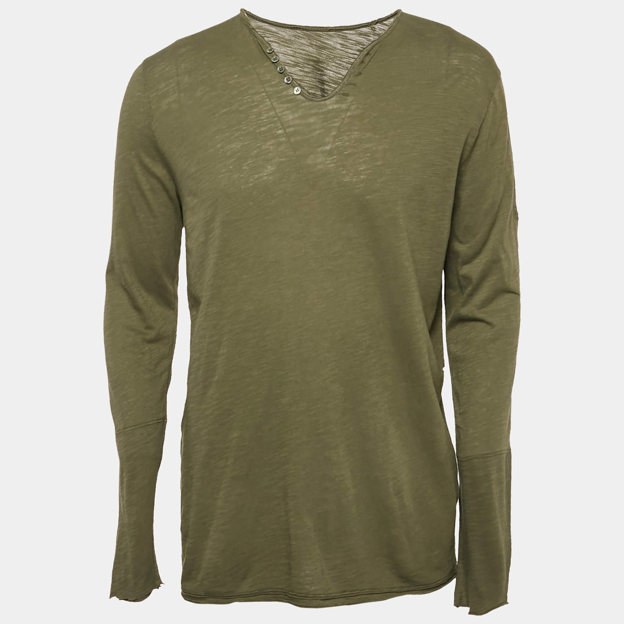 Zadig & Voltaire Khaki Green Light Slub Cotton Nastir Henley T-Shirt L
