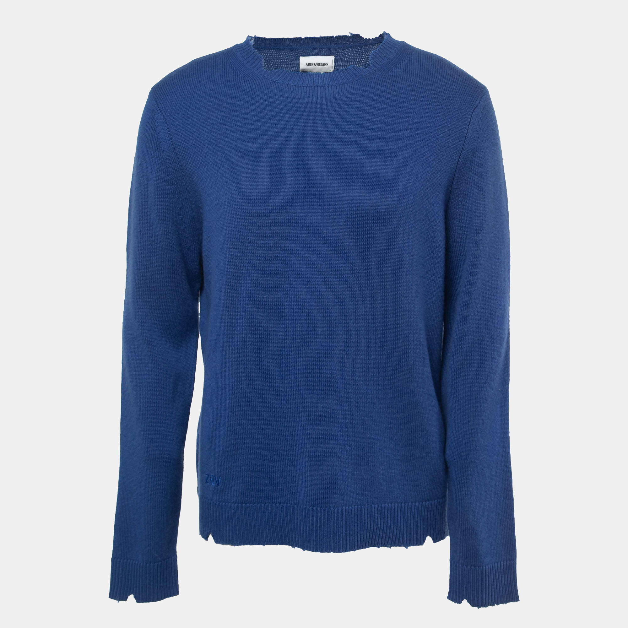 Zadig & Voltaire Blue Distressed Wool Crew Neck Sweater XL