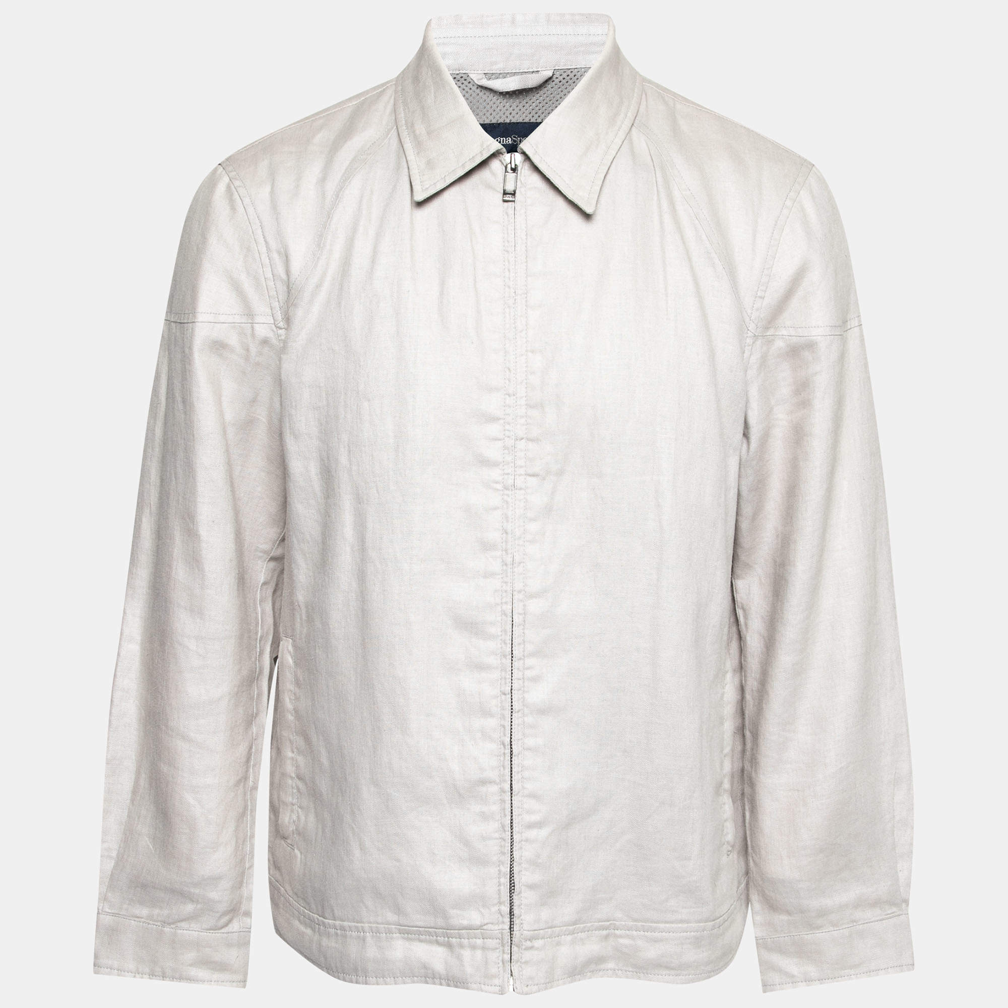 Zegna Sport Light Grey Linen Zip Front Jacket L