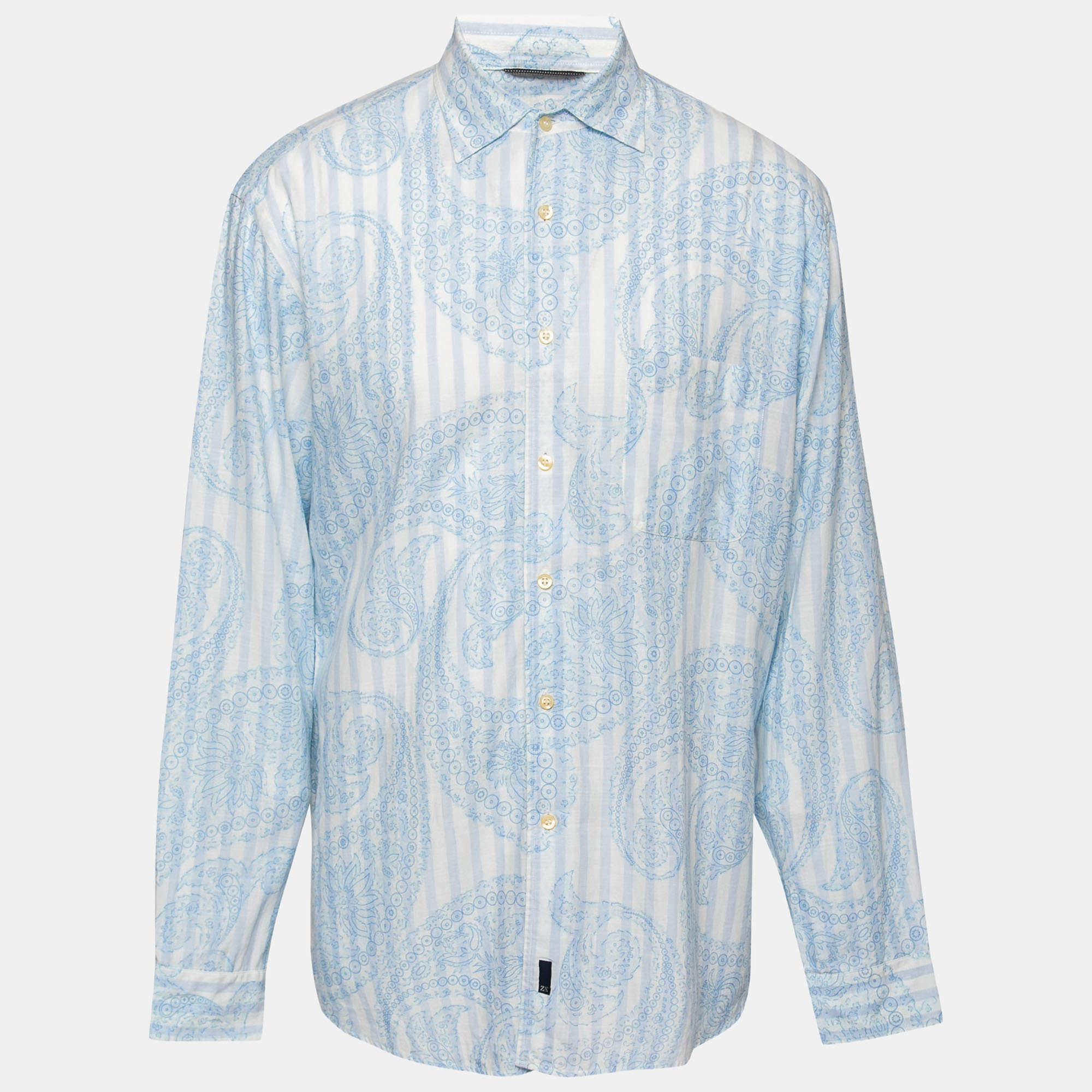 Pre Owned Zegna Sport Blue Paisley Striped Print Linen Long-Sleeve Shirt XL