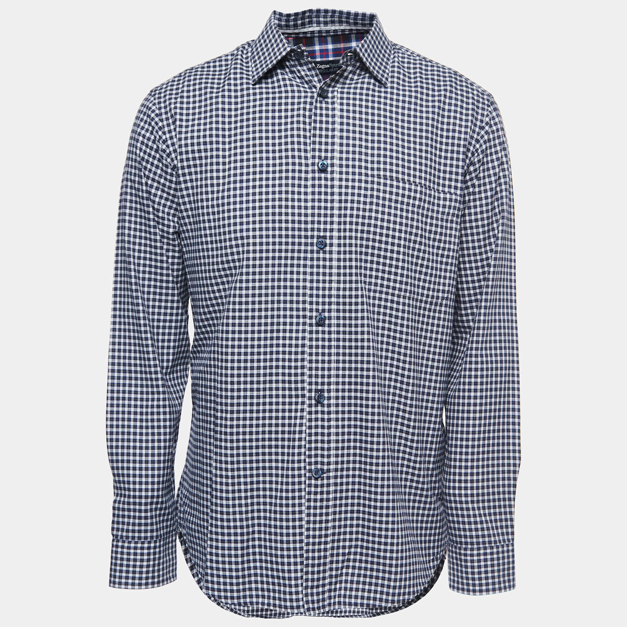 Pre Owned Zegna Sport Navy Blue Checked Regular Fit Full Sleeve Shirt L