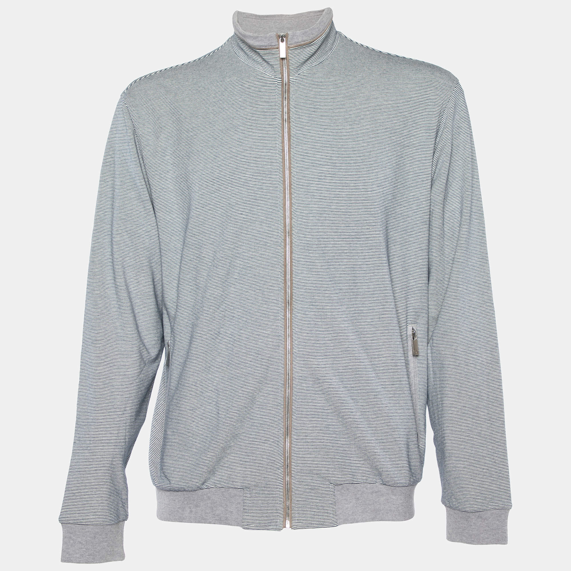 Zegna Sport Grey Striped Cotton Knit Zip Front Jacket XL