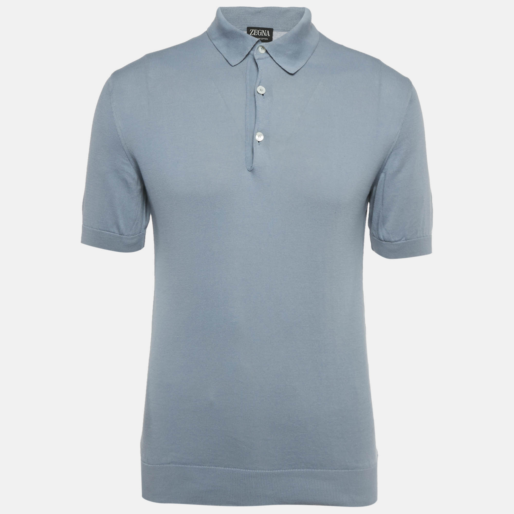 Pre Owned Zegna Slate Blue Cotton Knit Polo T-Shirt M