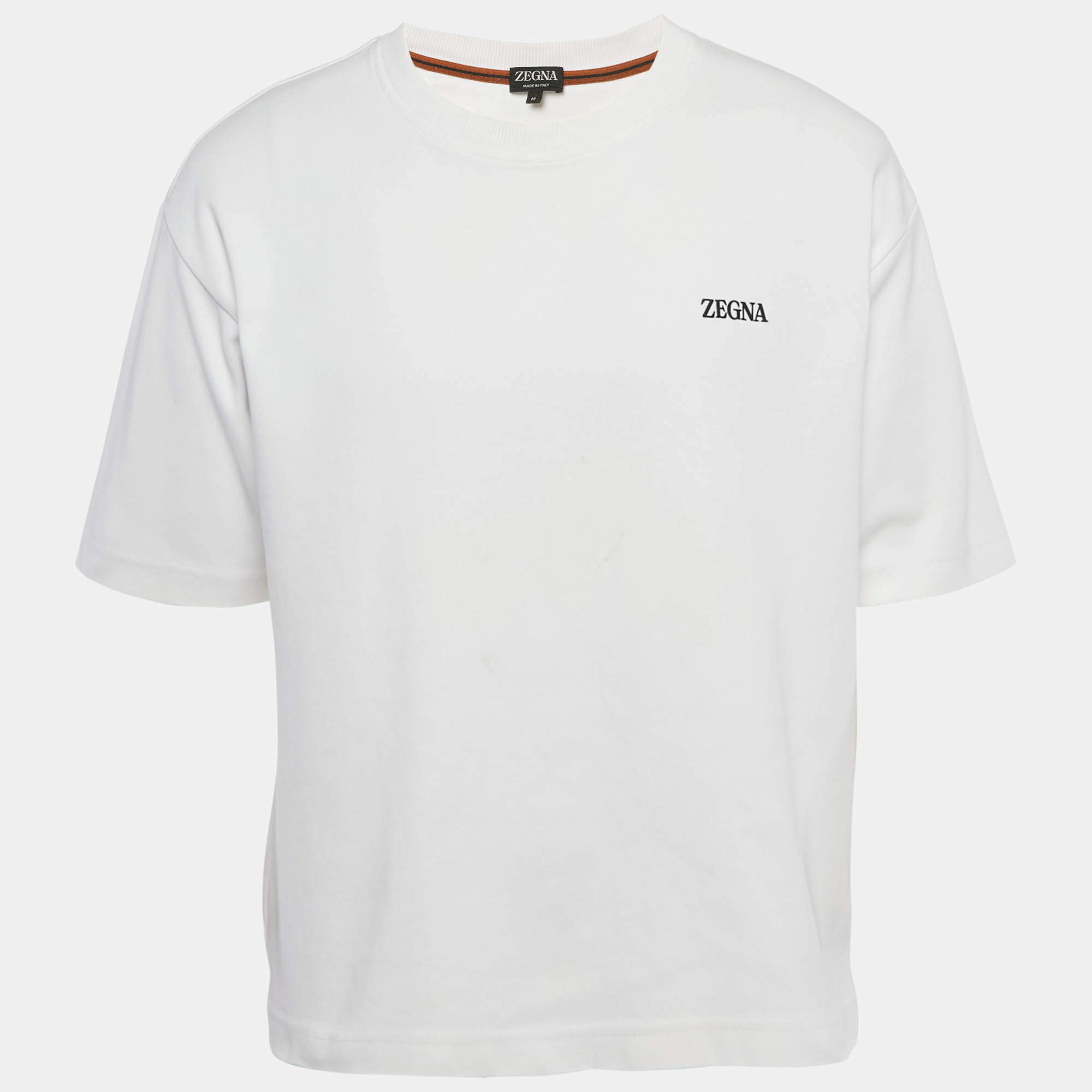 Pre Owned Zegna White Logo Print Jersey Crew Neck T-Shirt M