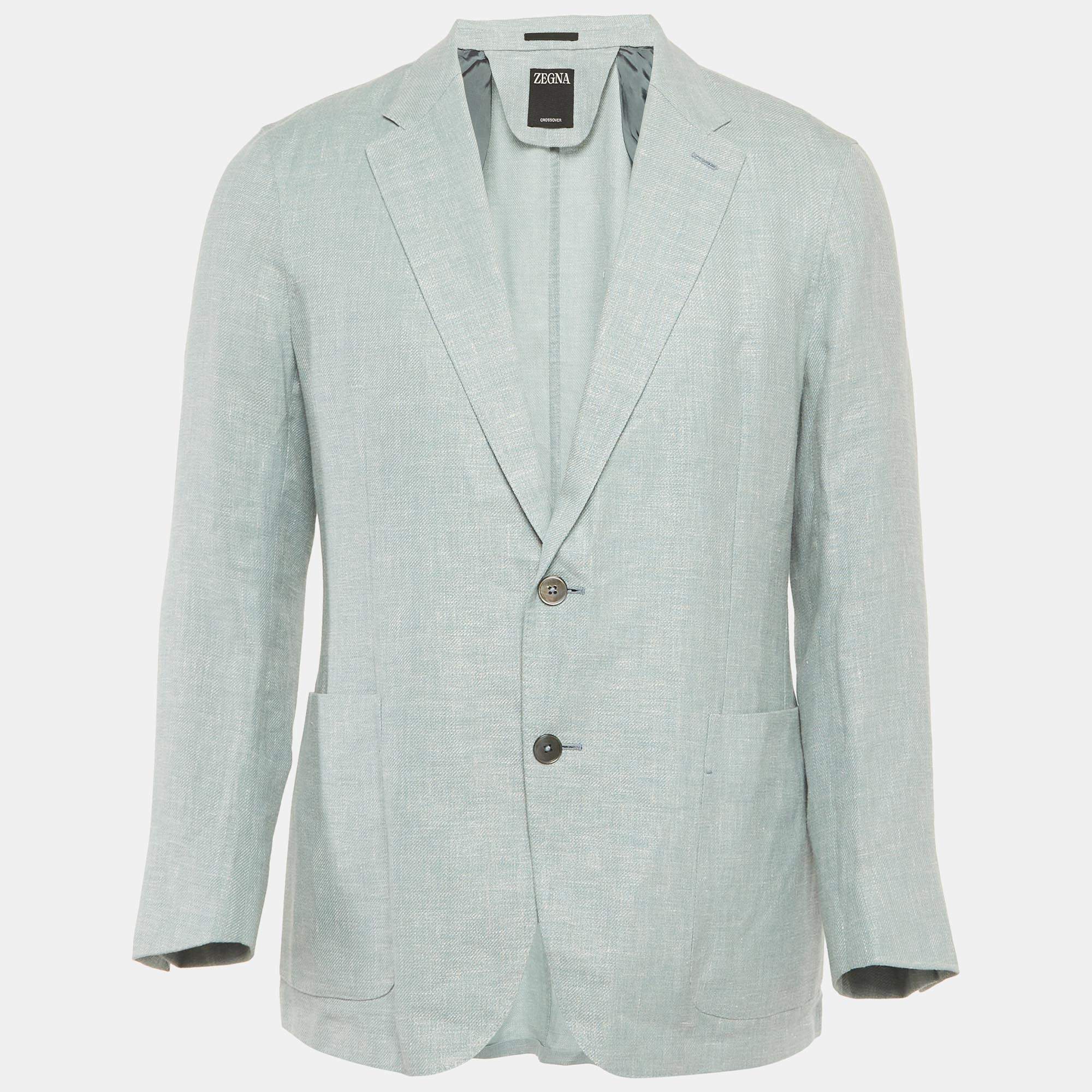 Pre Owned سترة بتصميم عادي مزيج من الكتان بلون أزرق فاتح من زينيا مقاس كبير (لارج)