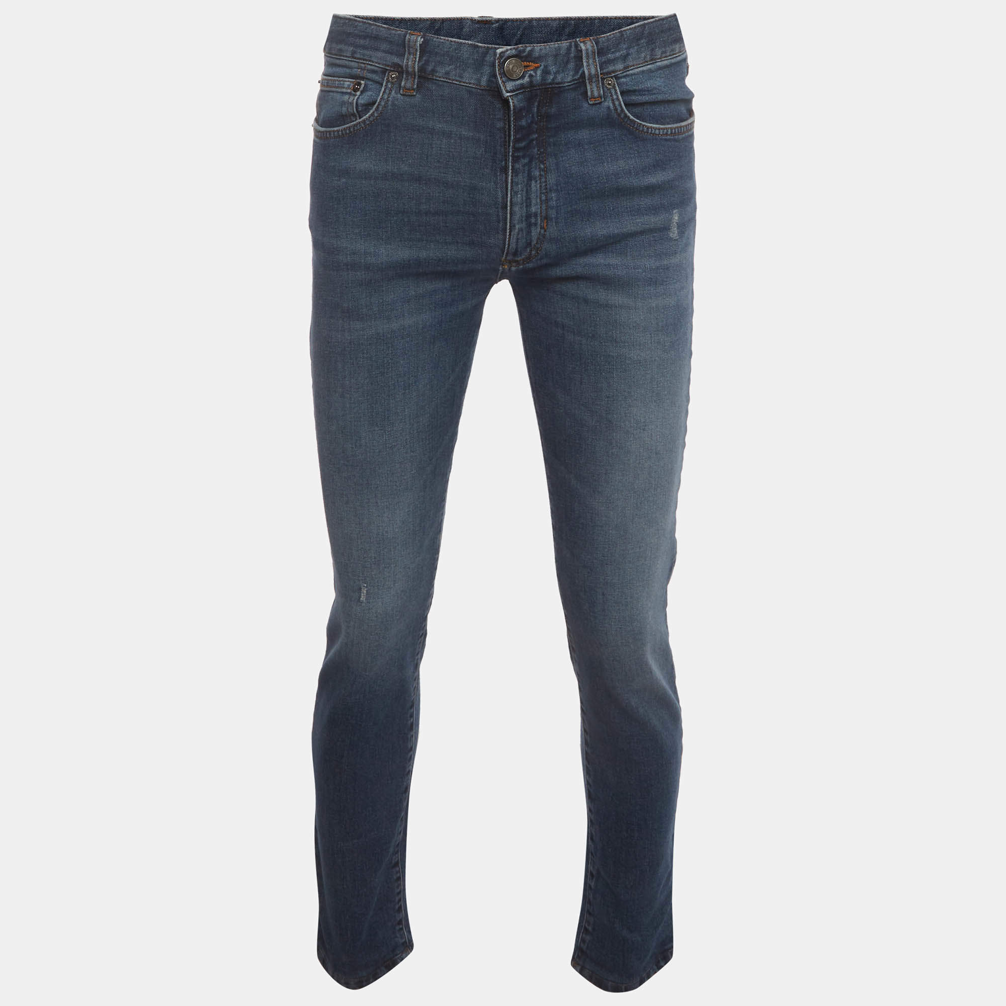 Pre Owned Zegna Blue Distressed Denim Slim Fit Jeans M/Waist 33" 