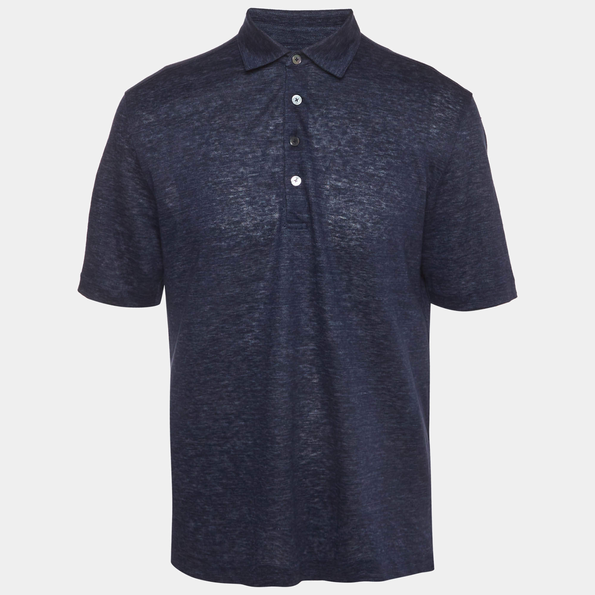 Pre Owned Zegna Navy Blue Jersey Button-Up Oasi Lino T-Shirt L