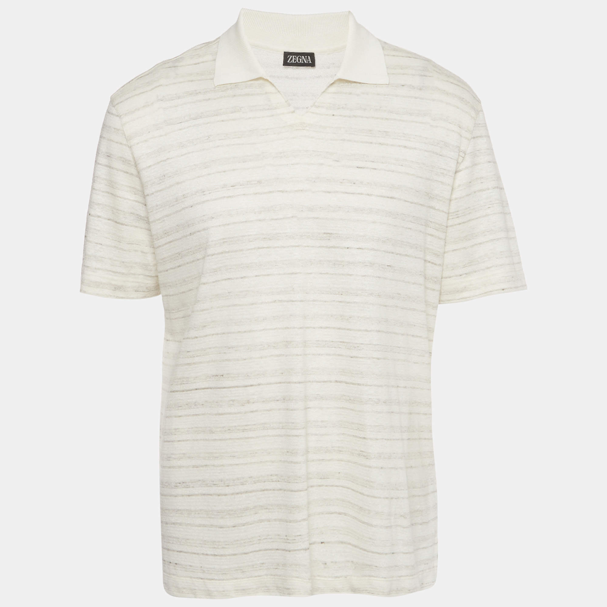 Pre Owned Zegna Cream Striped Linen Silk Blend Polo T-Shirt L
