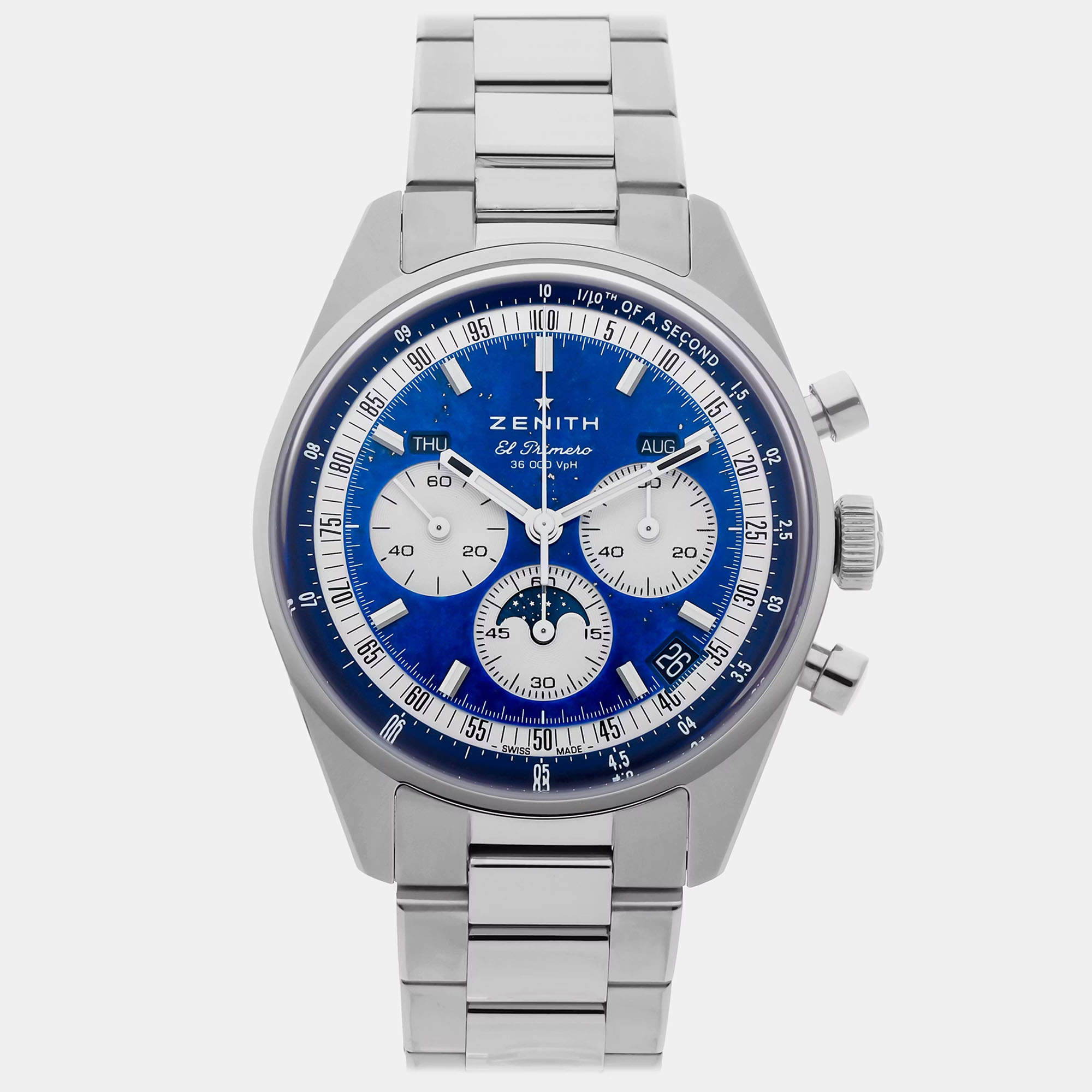 Pre Owned ساعة زينيت كرونومستر الأصلية تقويم ثلاثي 03.3400.3610/51.C910 زرقاء أوتوماتيك من الفولاذ المقاوم للصدأ للرجال 38 ملم مستعملة