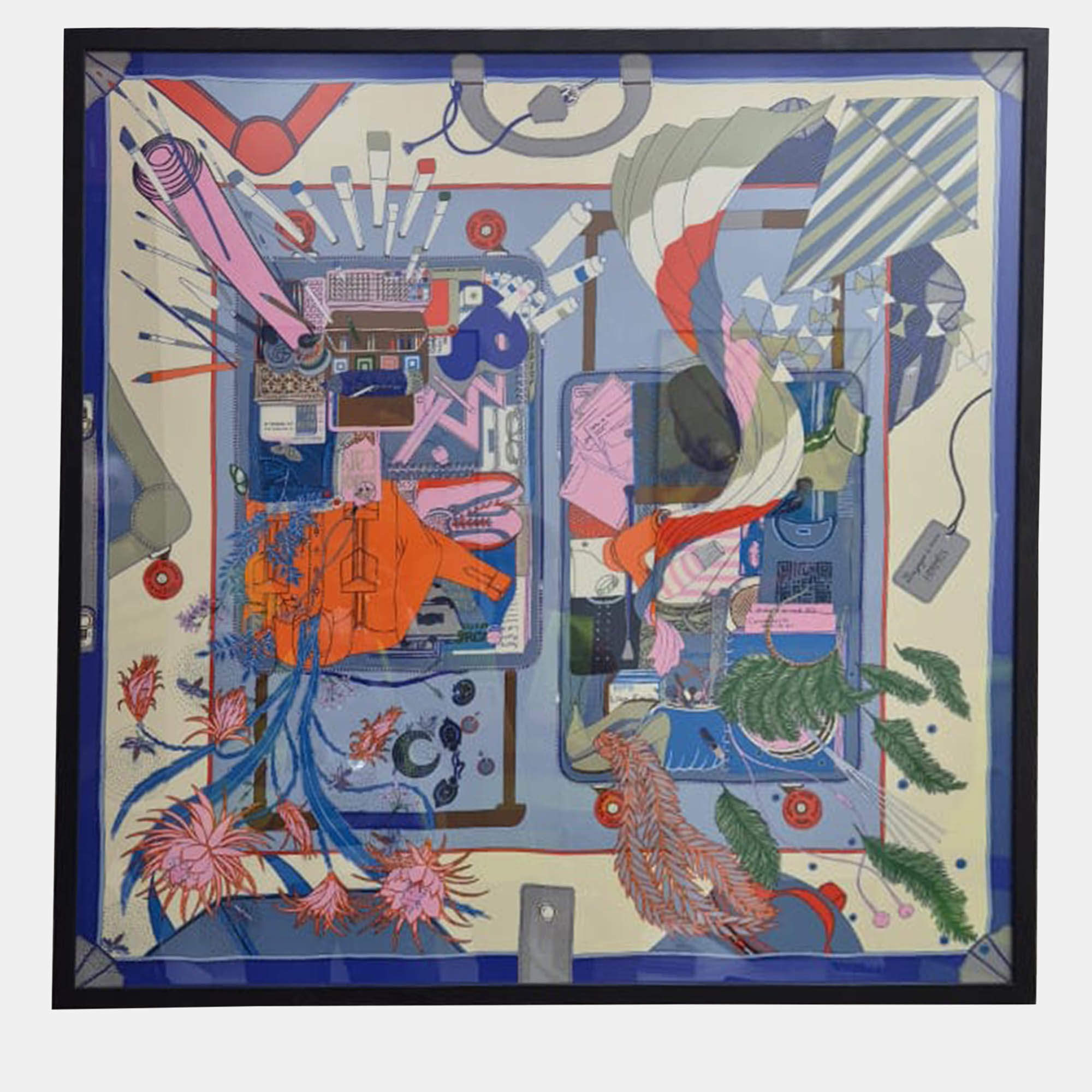 Hermes Bleu Silk Bagage A Main Framed Scarf