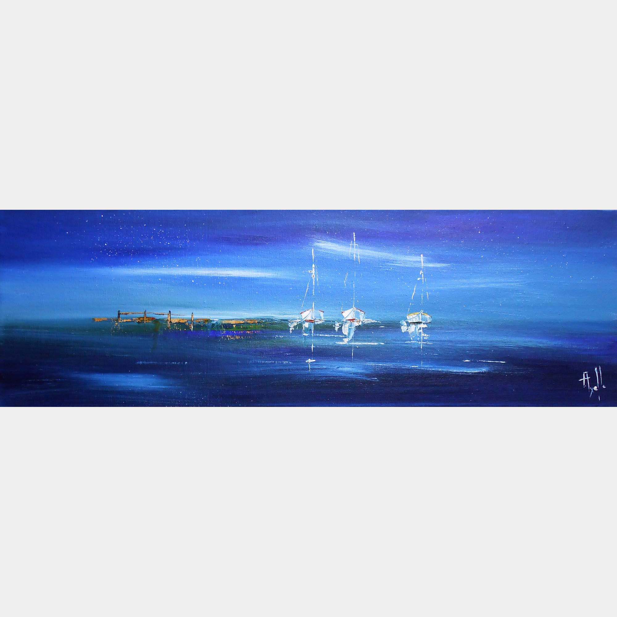 Tableau Trio De Voiliers Au Mouillage By Axelle Bosler, France,2020 (20 X 60)