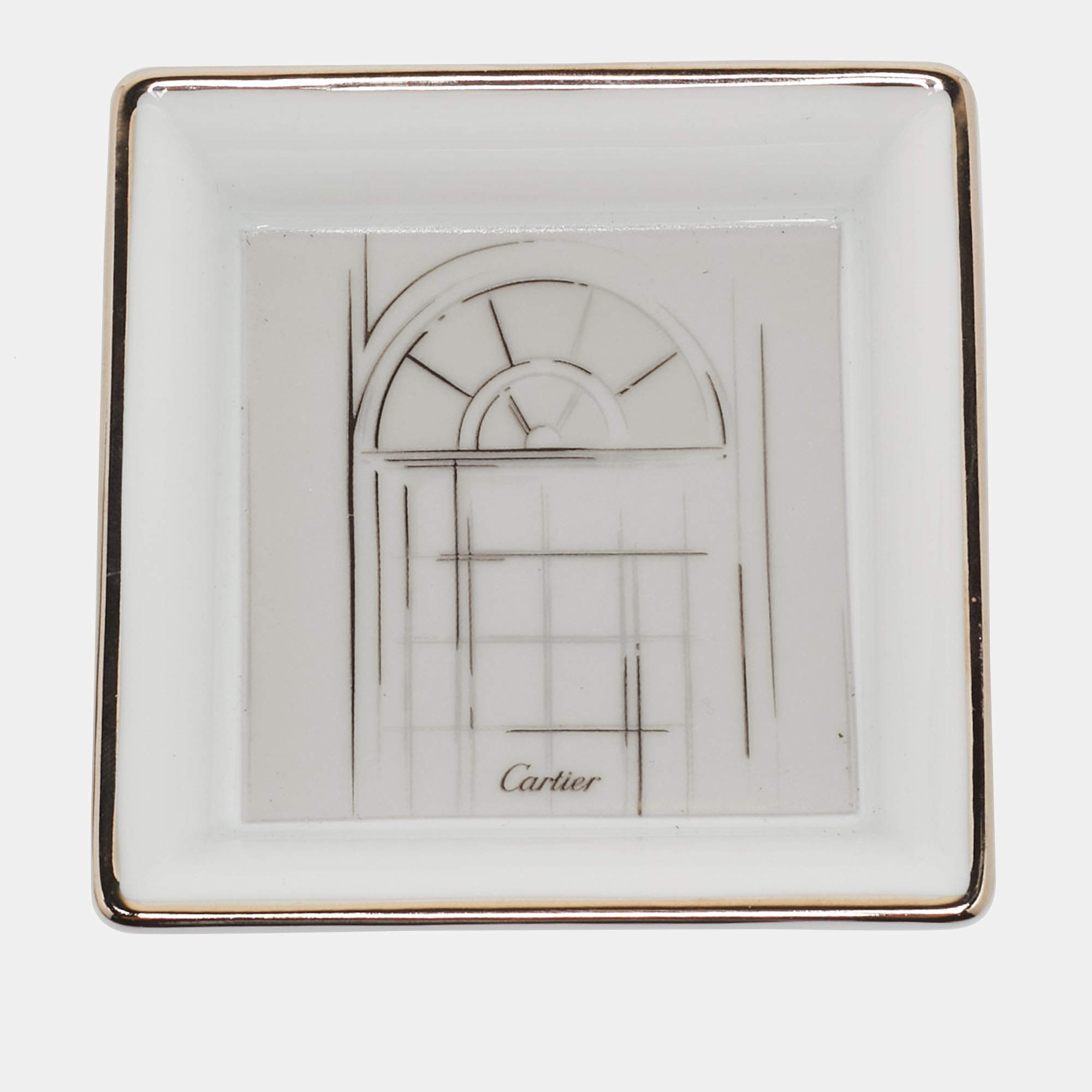 Pre Owned Cartier Porcelain Platinum Finish Window Print Mini Ashtray