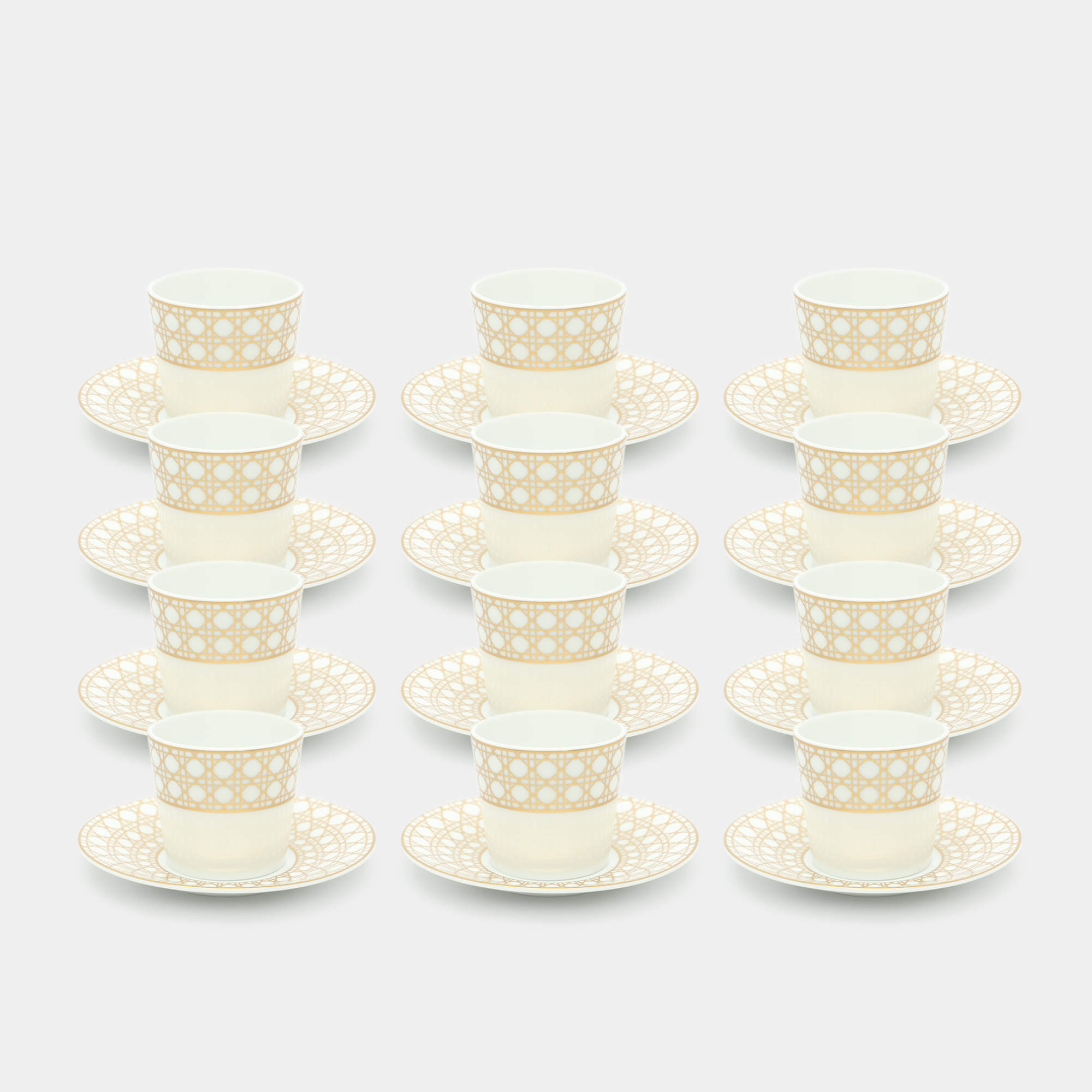 Pre Owned Dior Porcelain White/Gold Cannage Montaigne Coffee Cup and Saucer Set 12