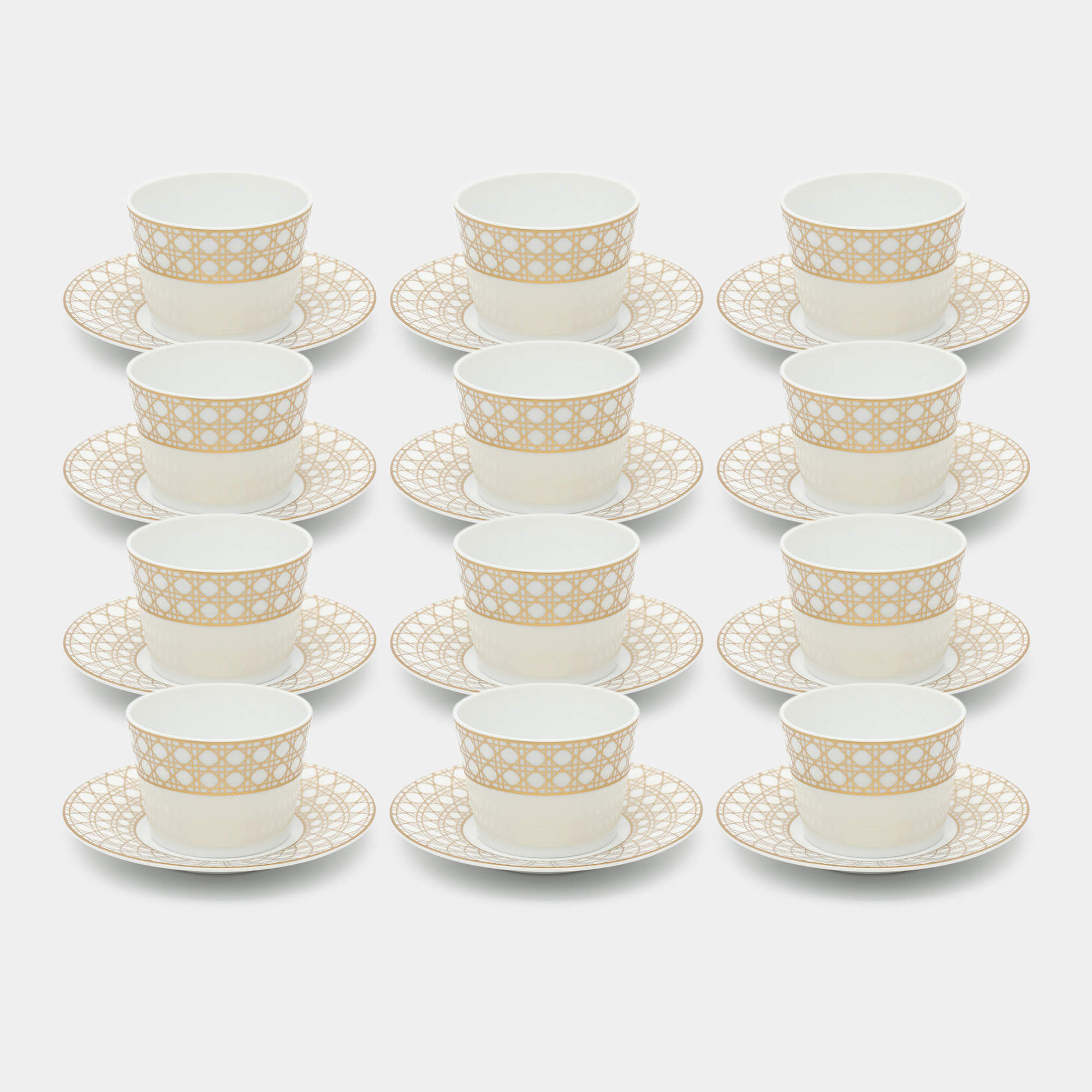 Pre Owned Dior Porcelain White/Gold Cannage Montaigne Coffee Cup and Saucer Set 12