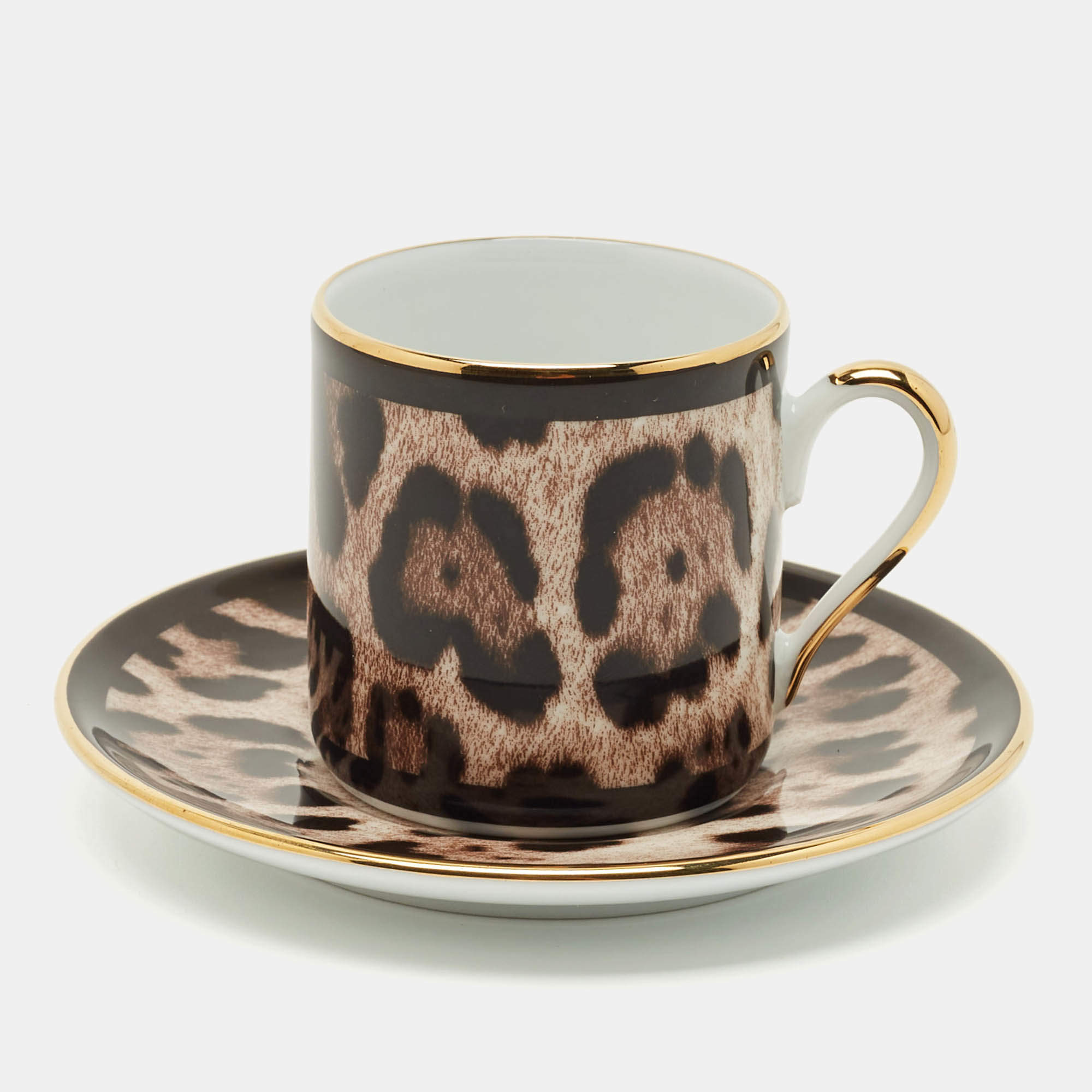 Pre Owned Dolce & Gabbana Leopard Print Porcelain Espresso Cup and Saucer Set
