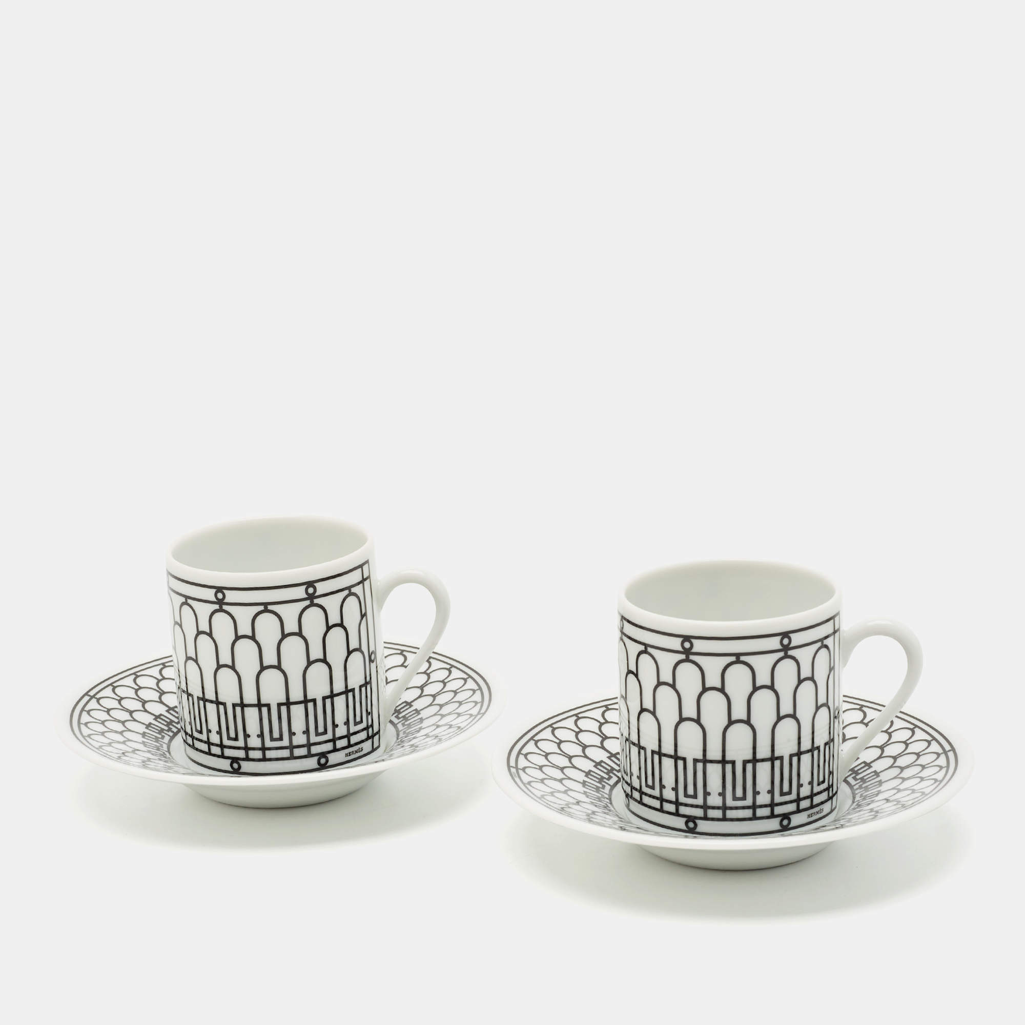 Hermès Black/White H Deco Coffee Cup and Saucer Set of 2