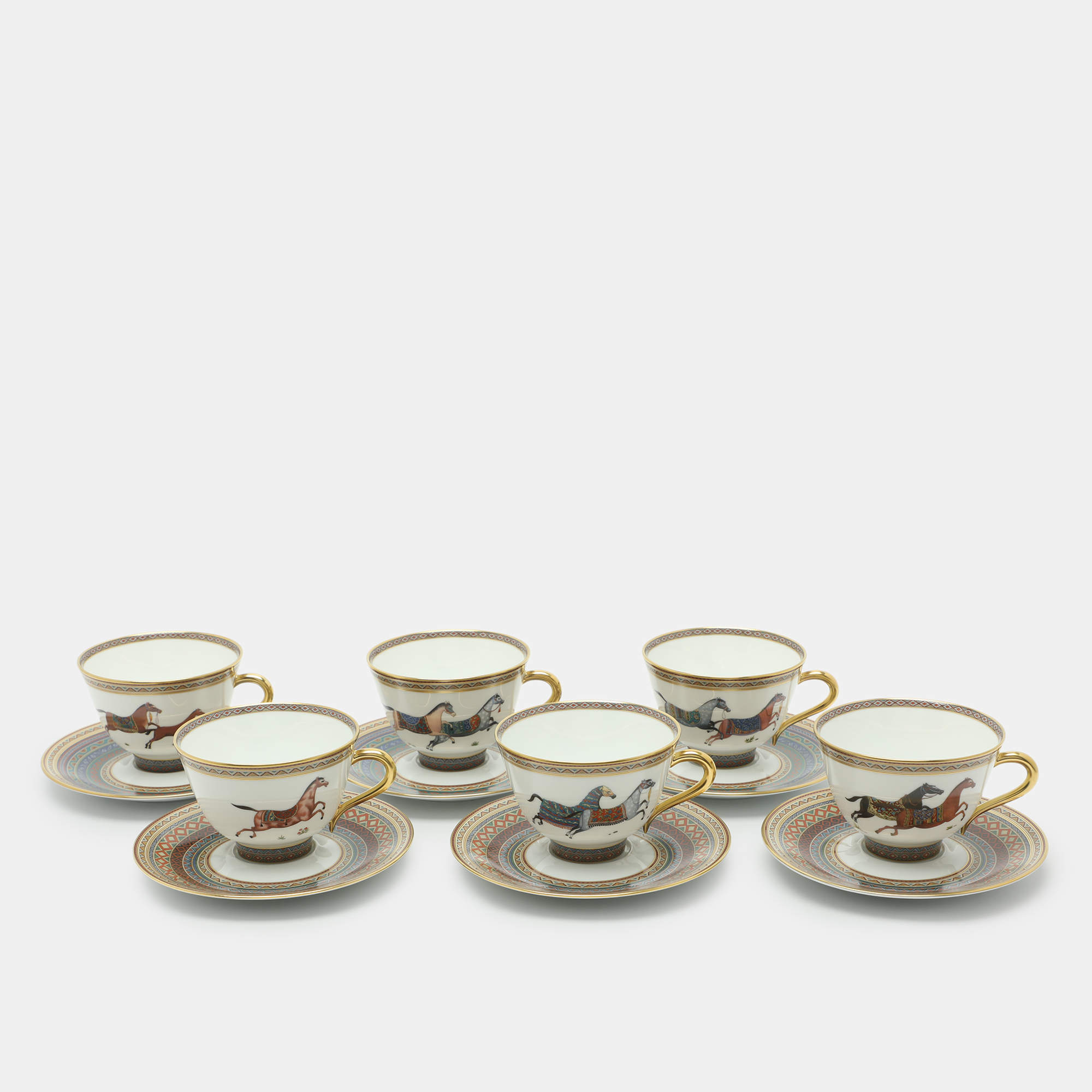 Pre Owned Hermès Porcelain White Cheval d'Orient Tea Cups and Saucers Set 6