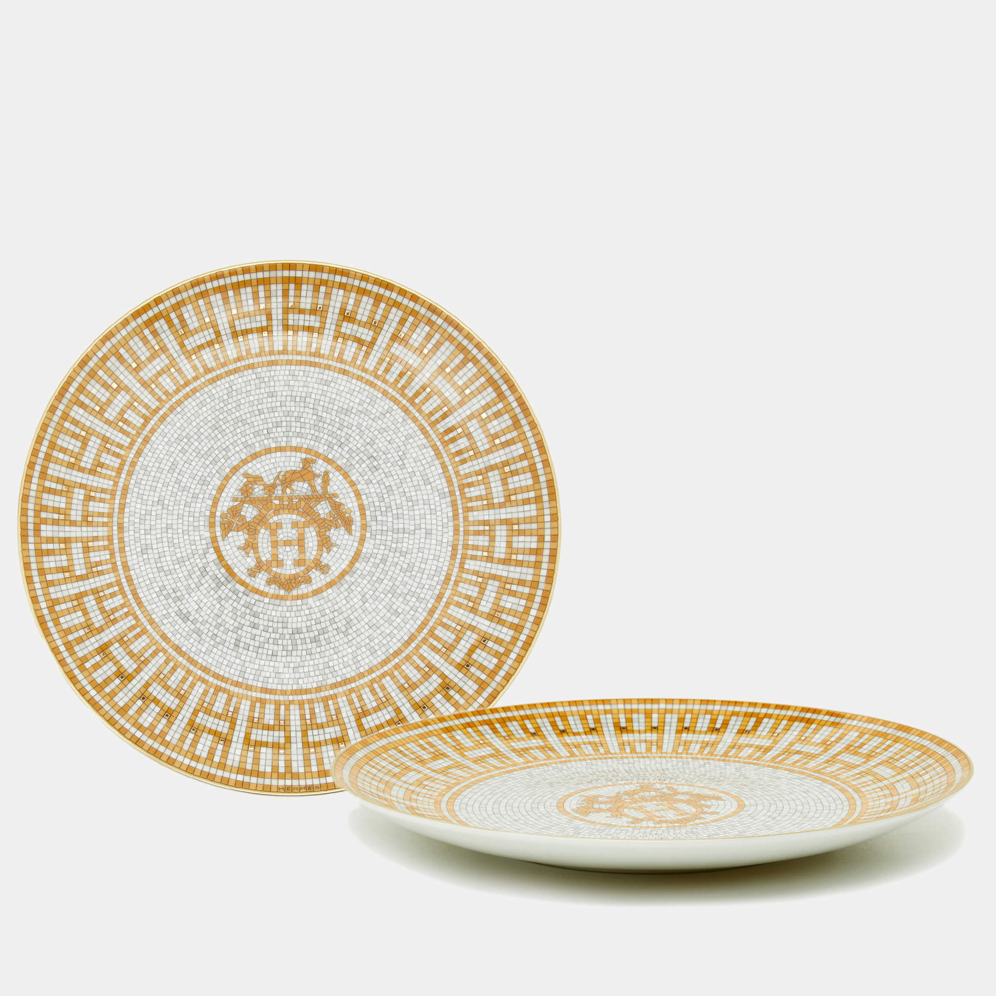 Hermès Mosaique AU 24 Gold Dessert Plate Set of 2