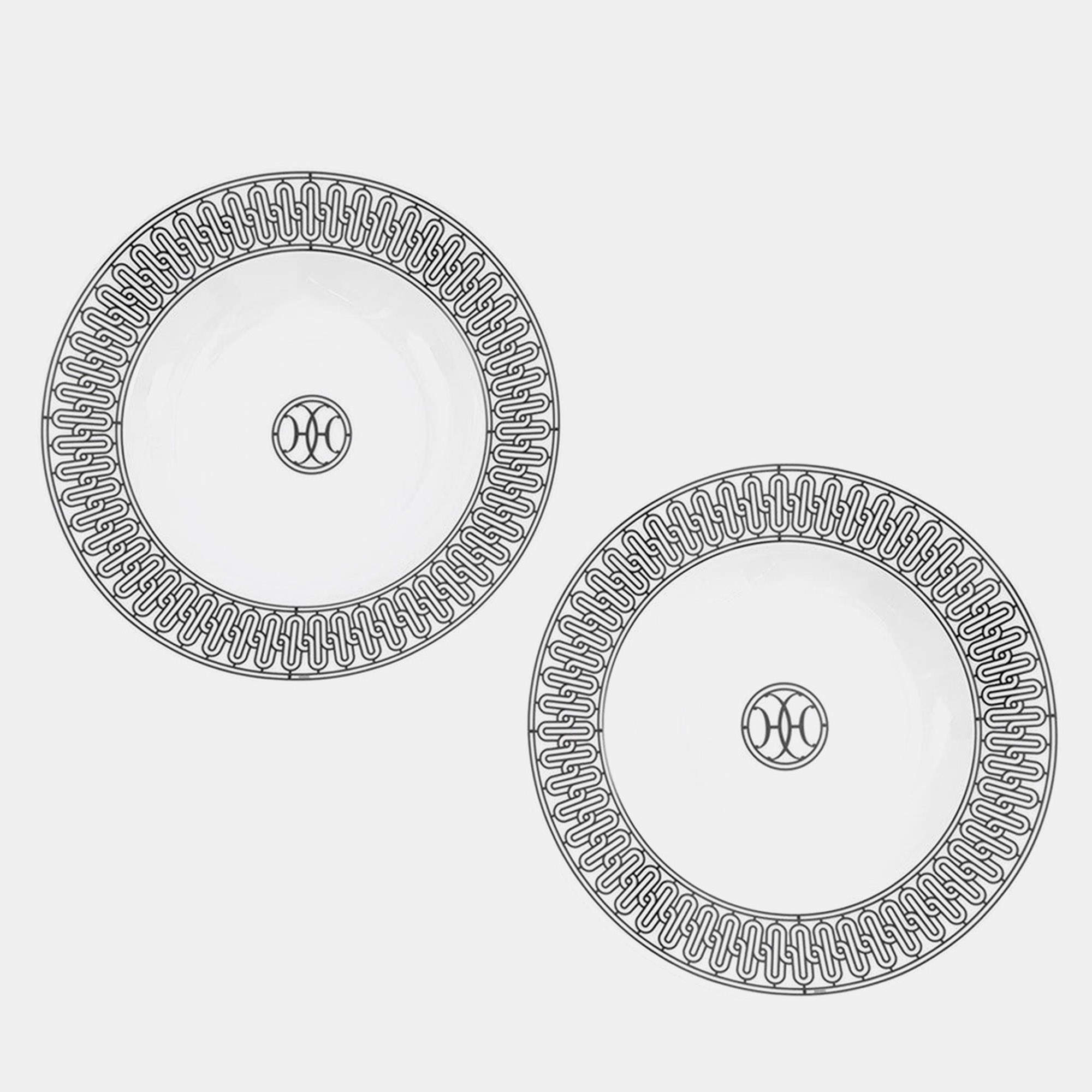 Pre Owned HERMES H Deco Soup Plates (Set of 2) White/BlackP037013P Porcelain Size 8.7"