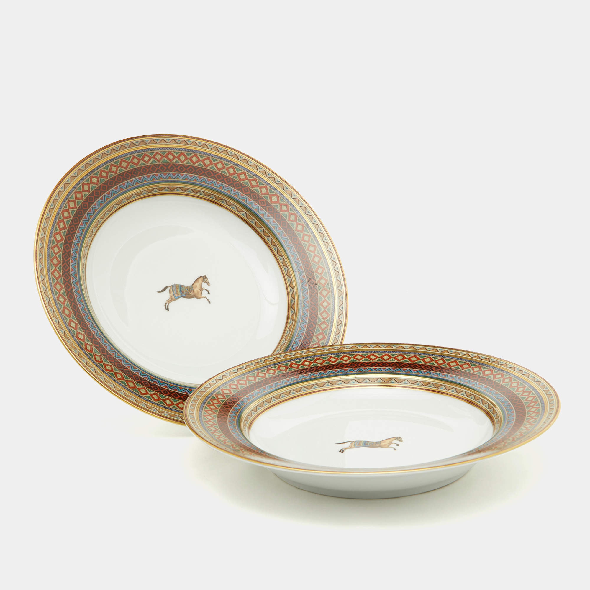 Hermes White Cheval d’Orient Rimmed Porcelain Soup Plates Set of 9 