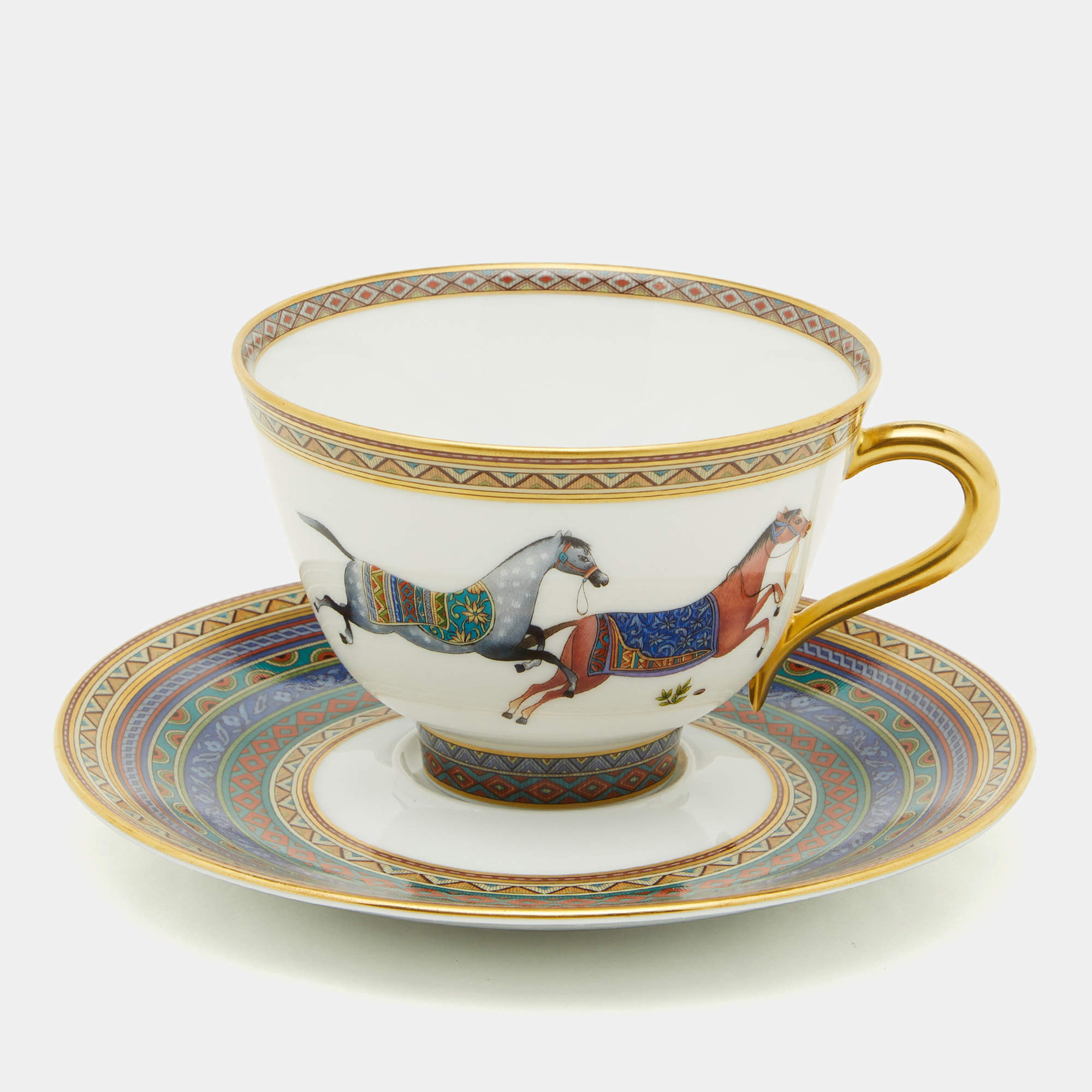 Hermes Cheval d'Orient Printed Porcelain Teacup & Saucer Set of 11 Hermes