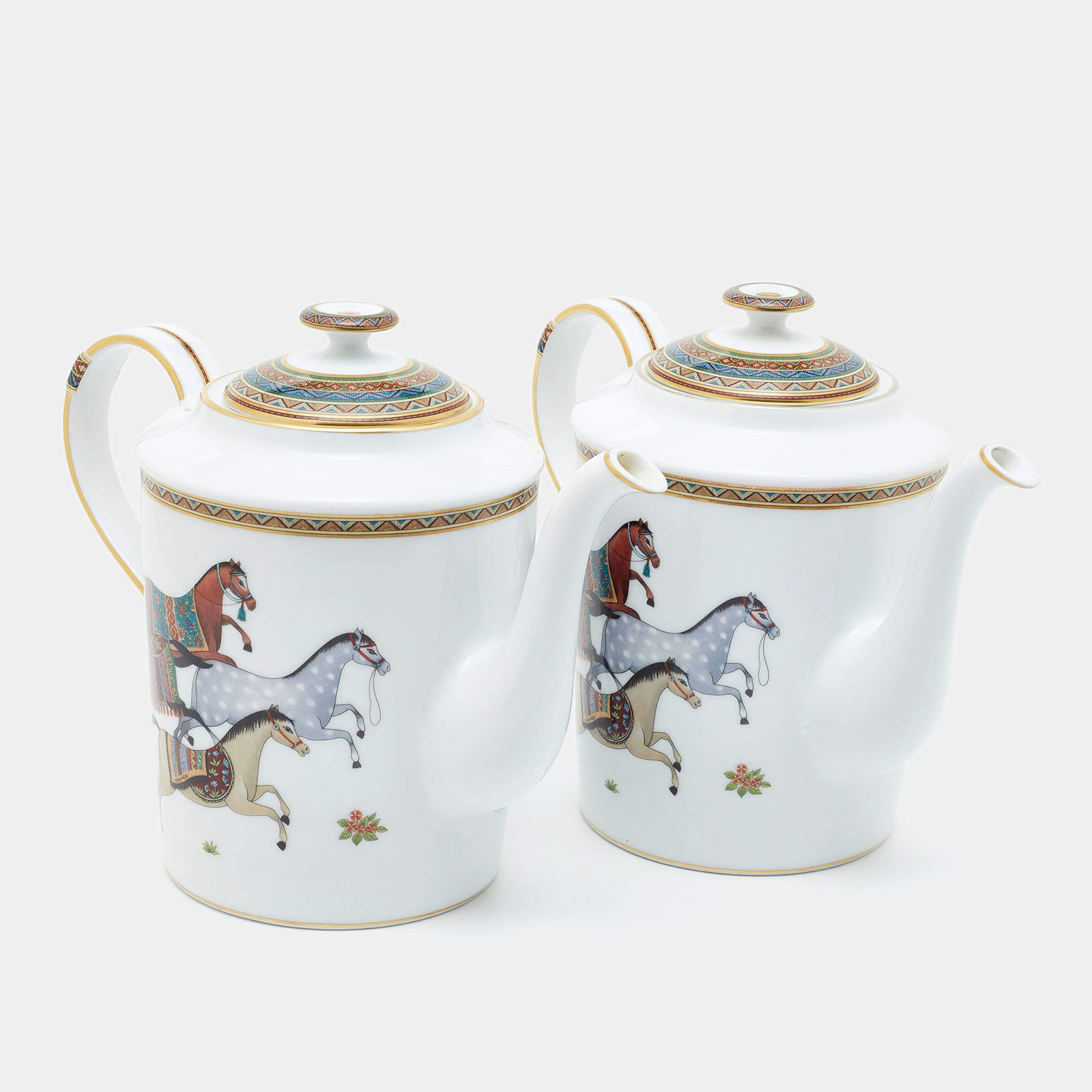 Hermès White Cheval d’Orient Printed Porcelain Teapots Set of 2