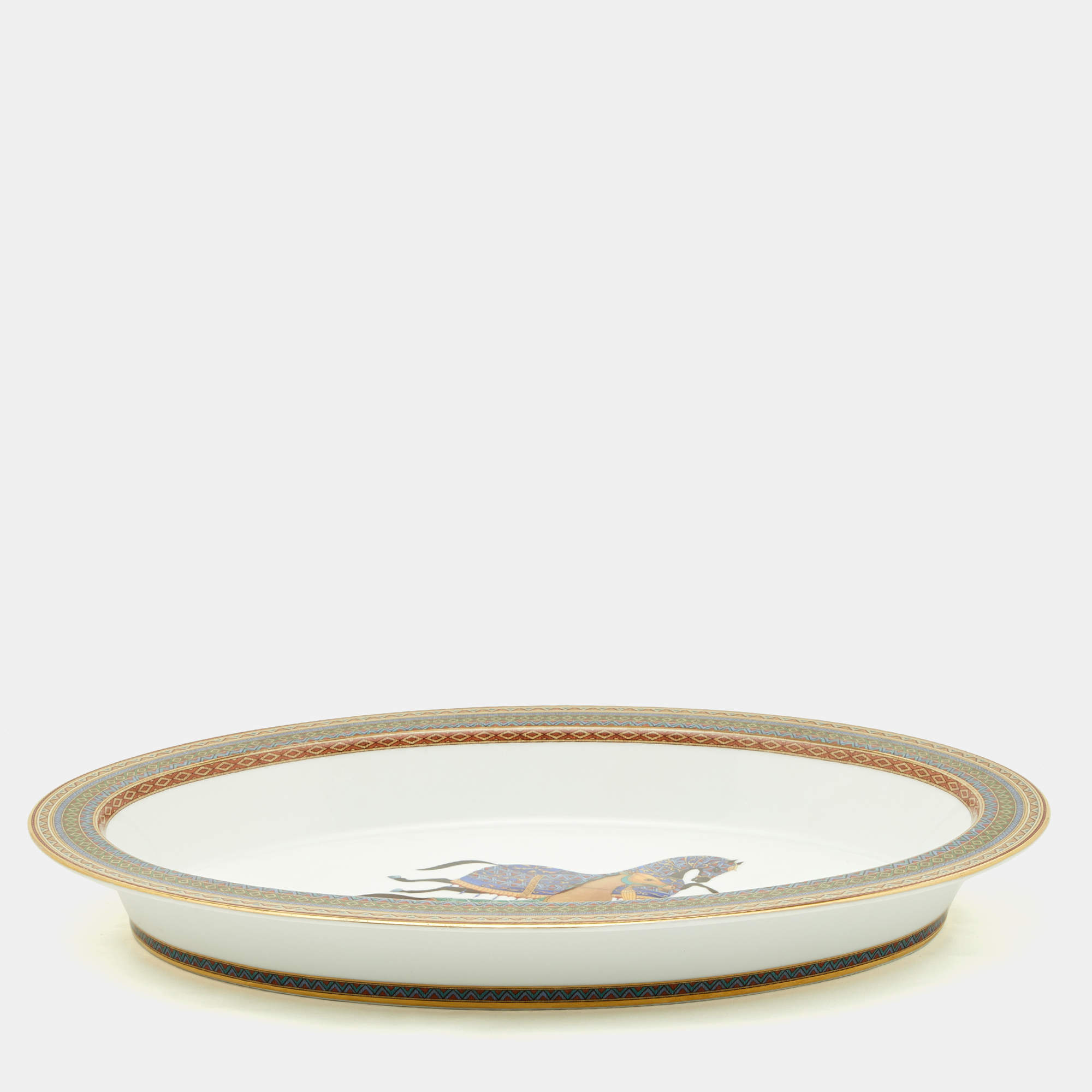 Pre Owned Hermès Cheval d’Orient White Printed Porcelain Vegetable Dish 