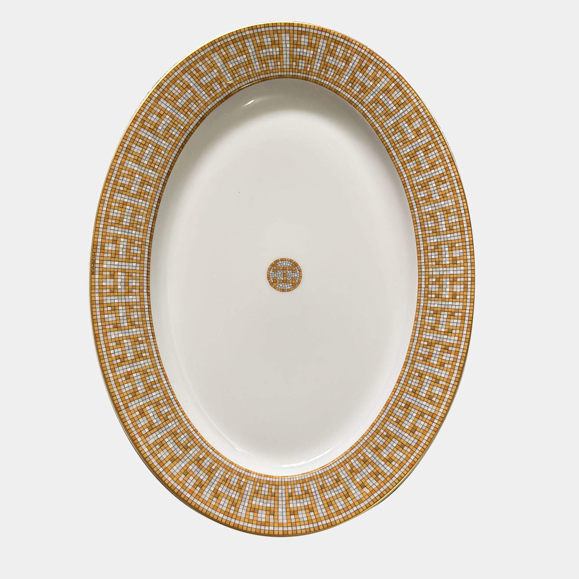 Hermes White and Gold Mosaique au 24 Small Oval Platter