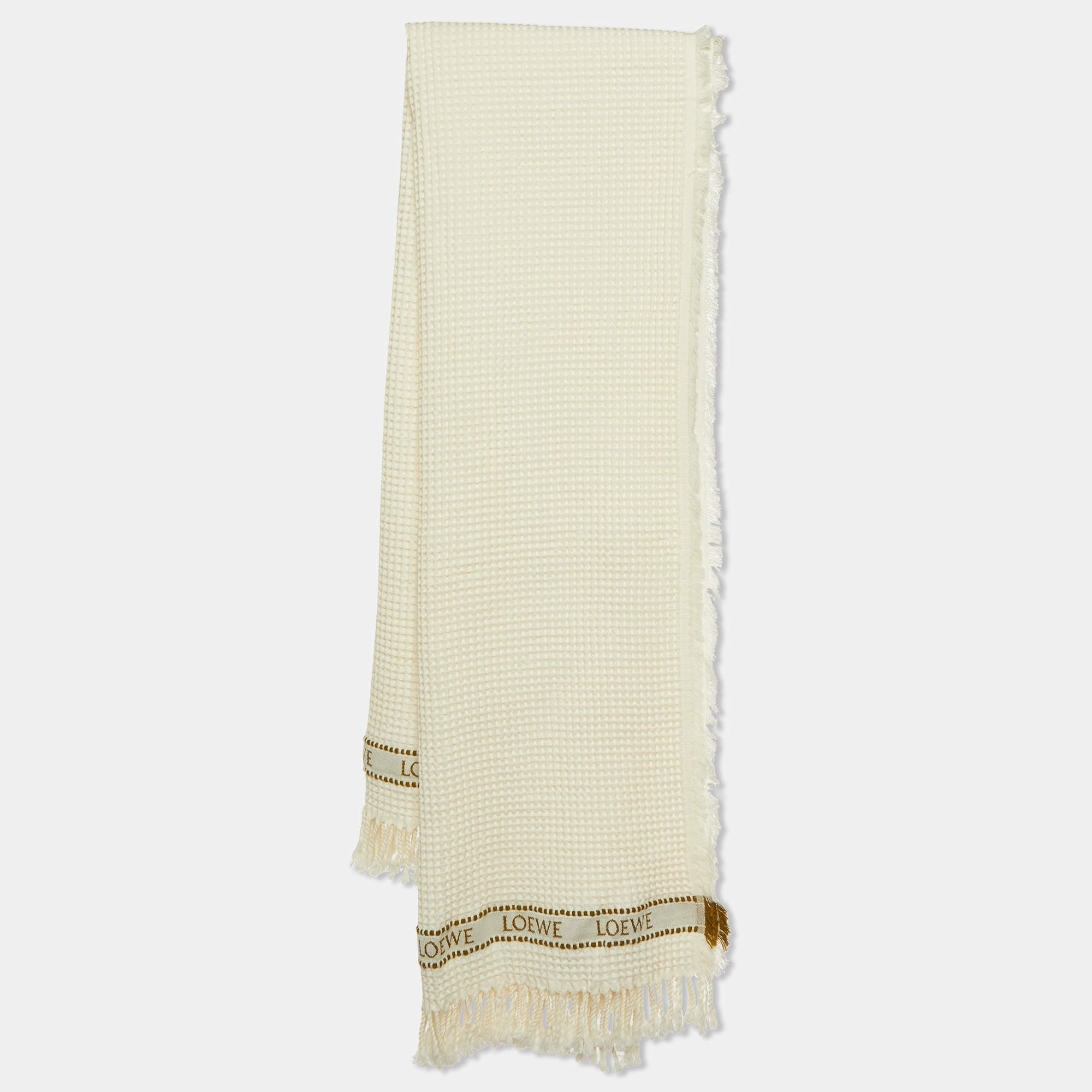 Loewe Ivory Logo Cotton Waffle Fringed Beach Towel 