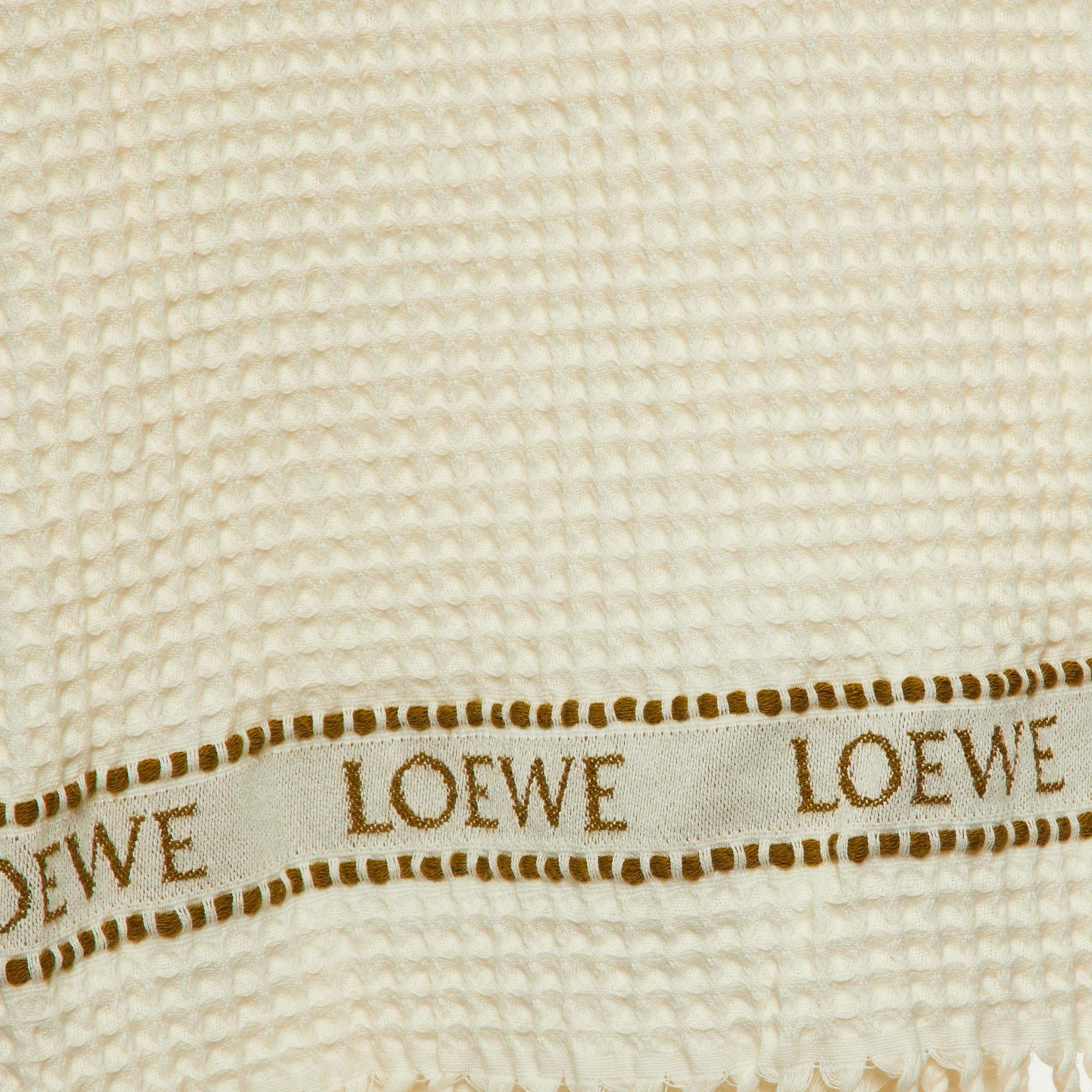 Pre Owned Loewe Ivory Logo Cotton Waffle Fringed Beach Towel 