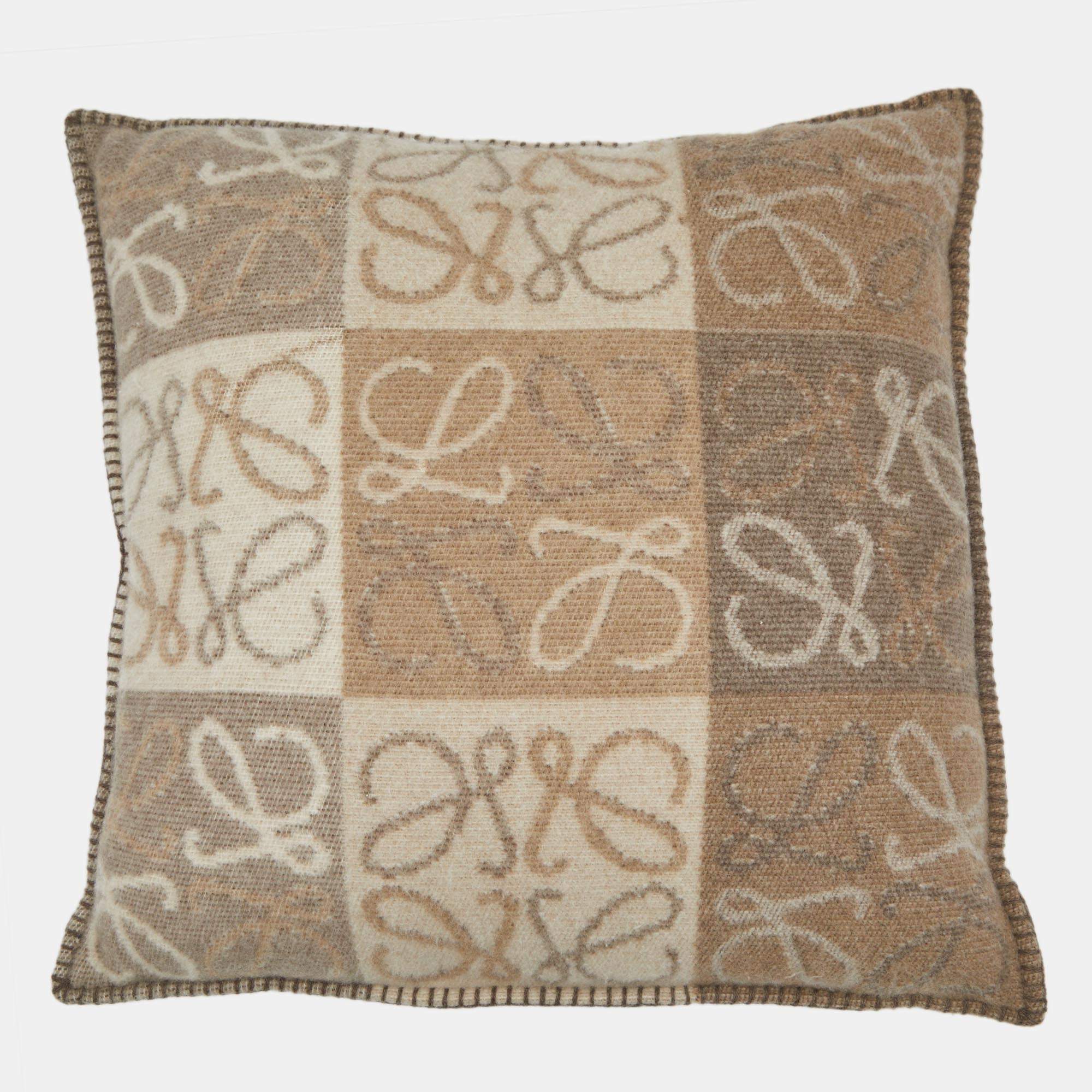 Pre Owned Loewe Beige Anagram Cushion Checkerboard Cushion 