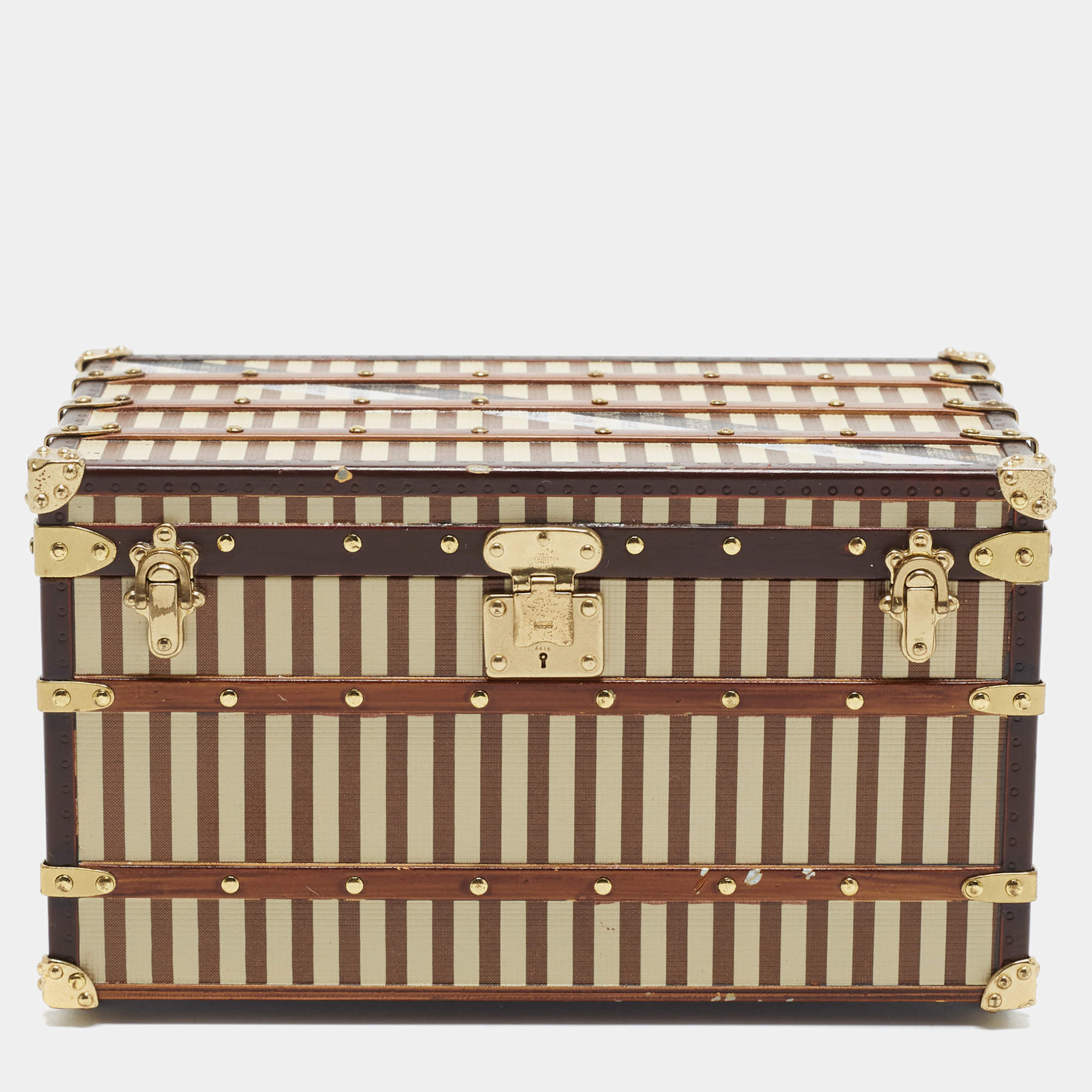 Pre Owned Louis Vuitton Trunk Paperweight Beige/Brown Striped Metal