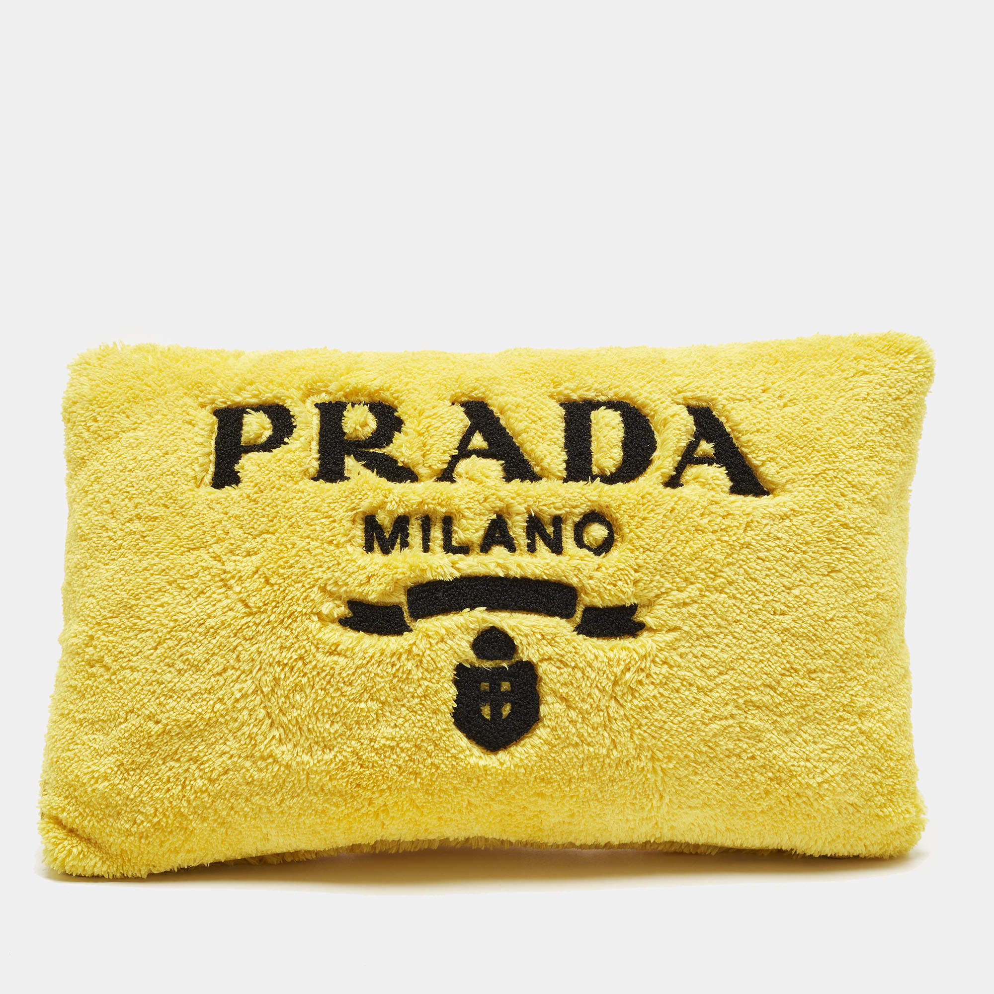 Pre Owned Prada Yellow Logo Embroidered Fleece Cushion 25 cm x 40 cm