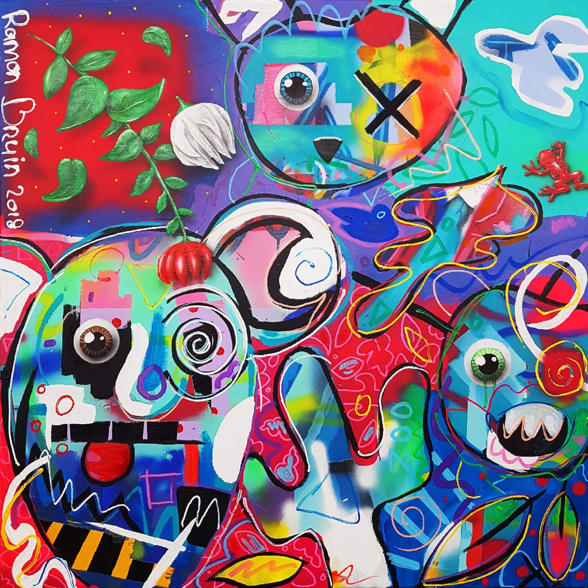 Purple Panda's And Furry Frogs By Ramon Bruin, Netherlands,2018 (100 X 100)