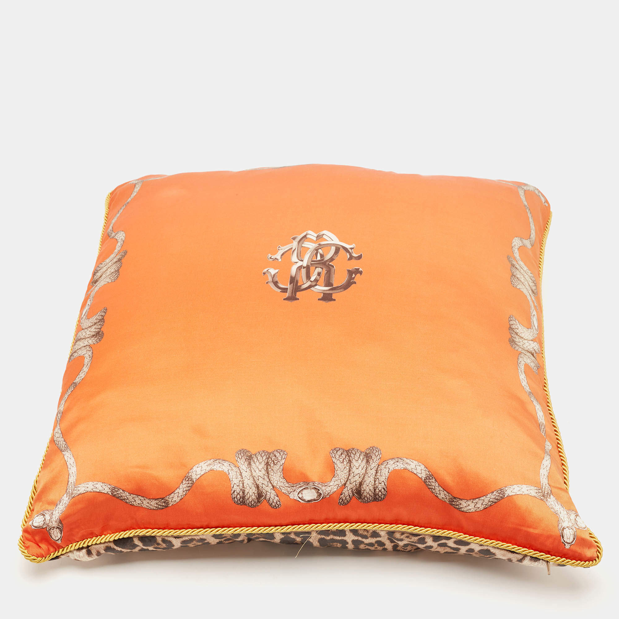 Roberto Cavalli Orange/Brown Leopard Print Satin Silk Cushion 59cm x 59cm