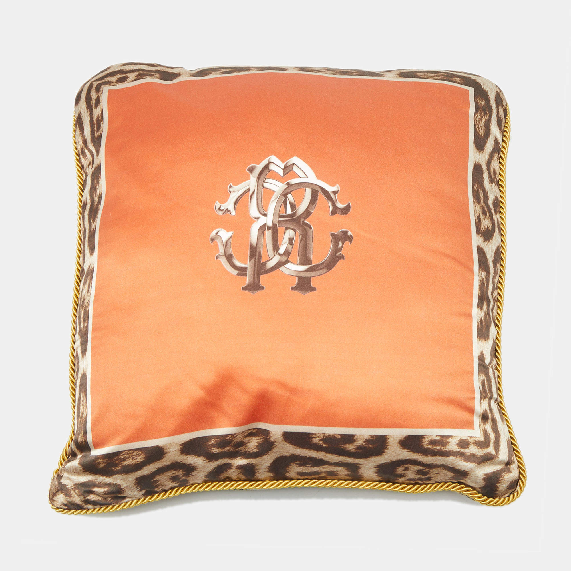 Pre Owned Roberto Cavalli Orange/Brown Leopard Print Satin Silk Cushion 39cm x 39cm