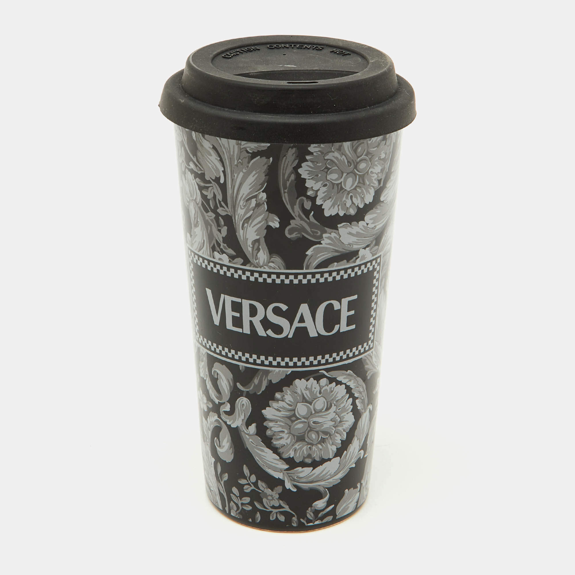 Pre Owned Versace Black & Gray Barocco Travel Mug