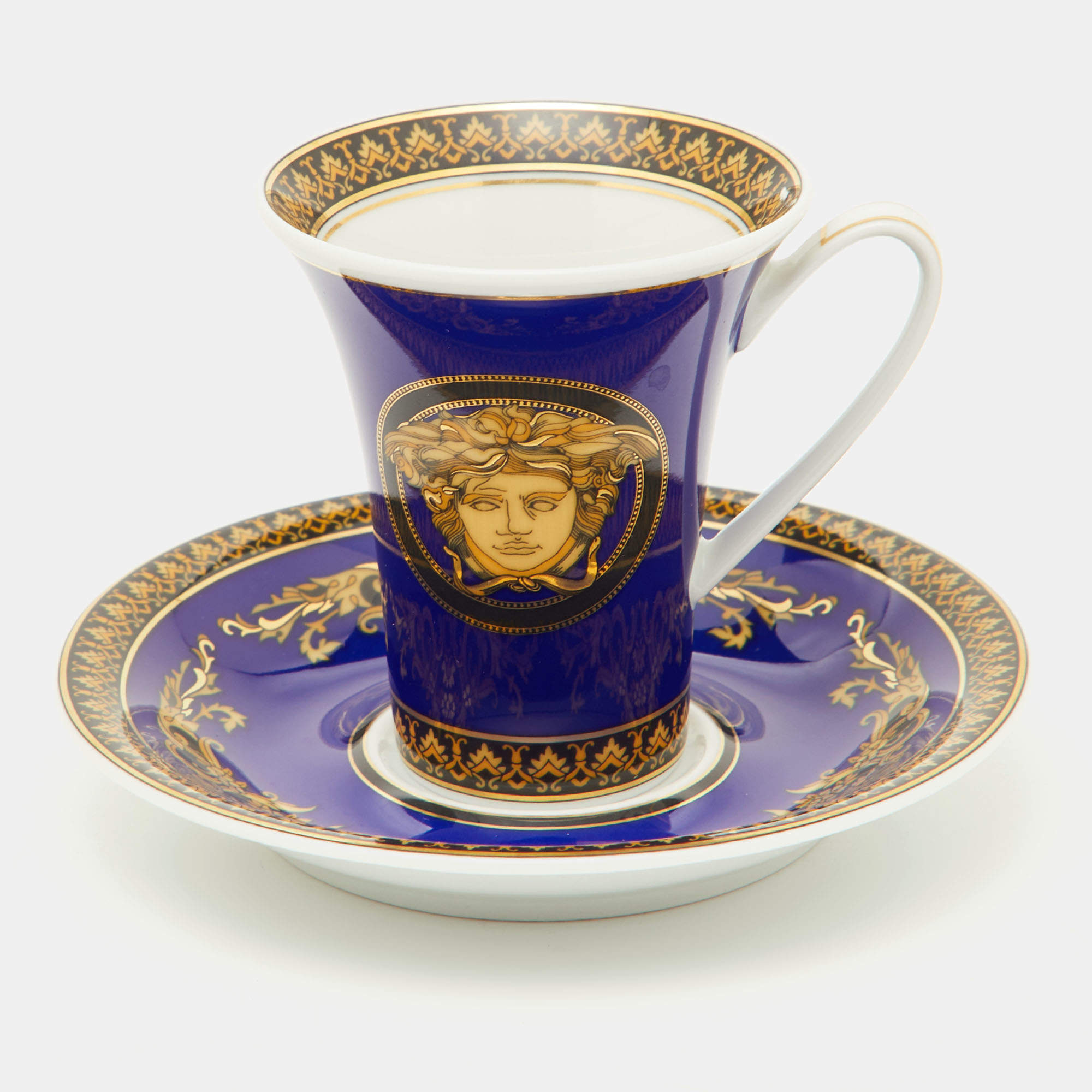 Pre Owned Versace x Rosenthal Blue Porcelain Medusa Tall Cup and Saucer