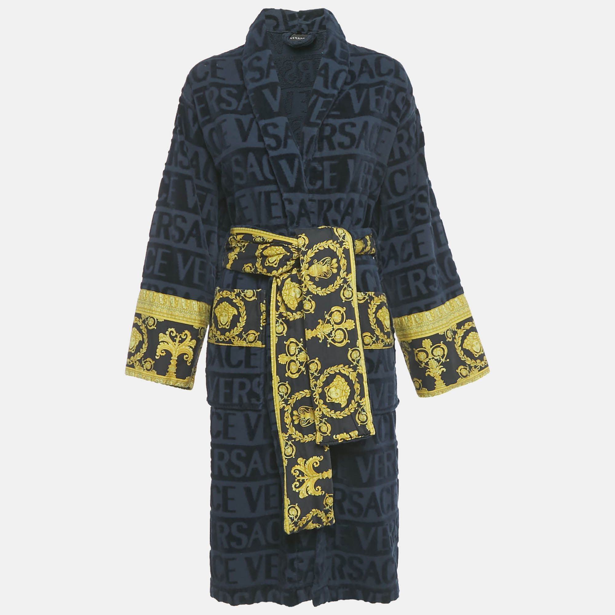 Pre Owned Versace Home Navy Blue Terry Baroque Print Belted Bathrobe M