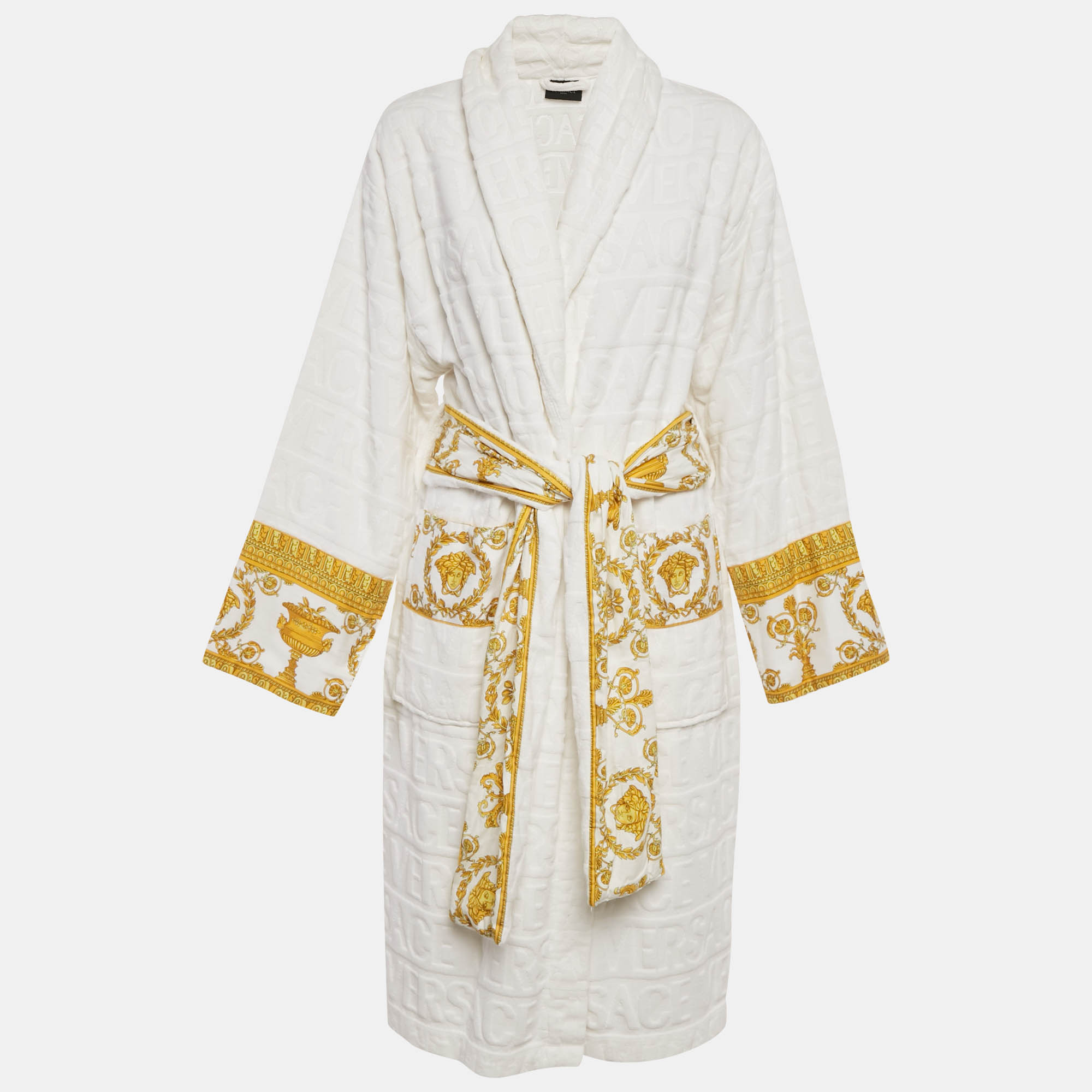 Pre Owned Versace Home White Terry Baroque Belted Bathrobe M