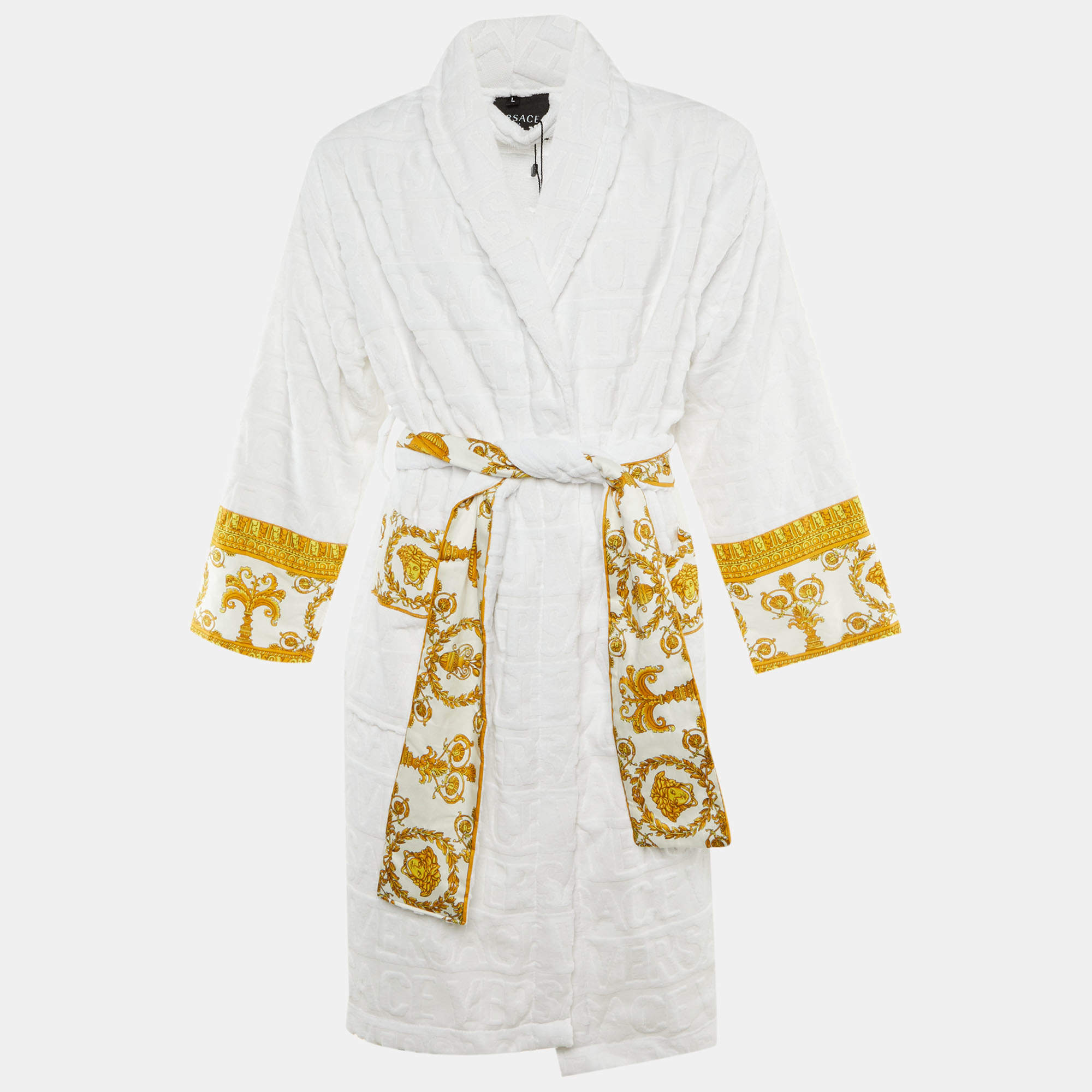 Pre Owned Versace Home White Monogram Terry Cotton Baroque Print Bathrobe L 