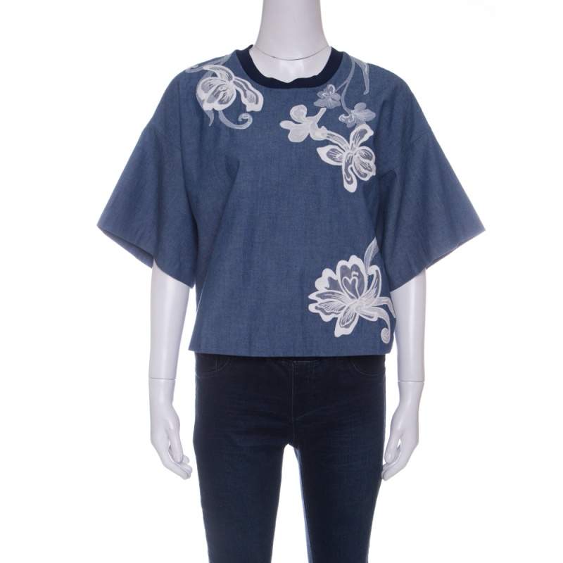 Pre Owned 3.1 Phillip Lim Indigo Floral Embroidered Chambray Box T- Shirt S