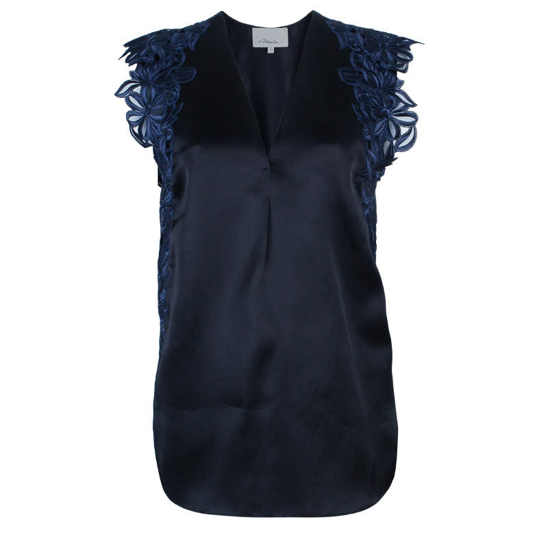 3.1 Phillip Lim Black Organza Giupure Lace Detail Blouse S
