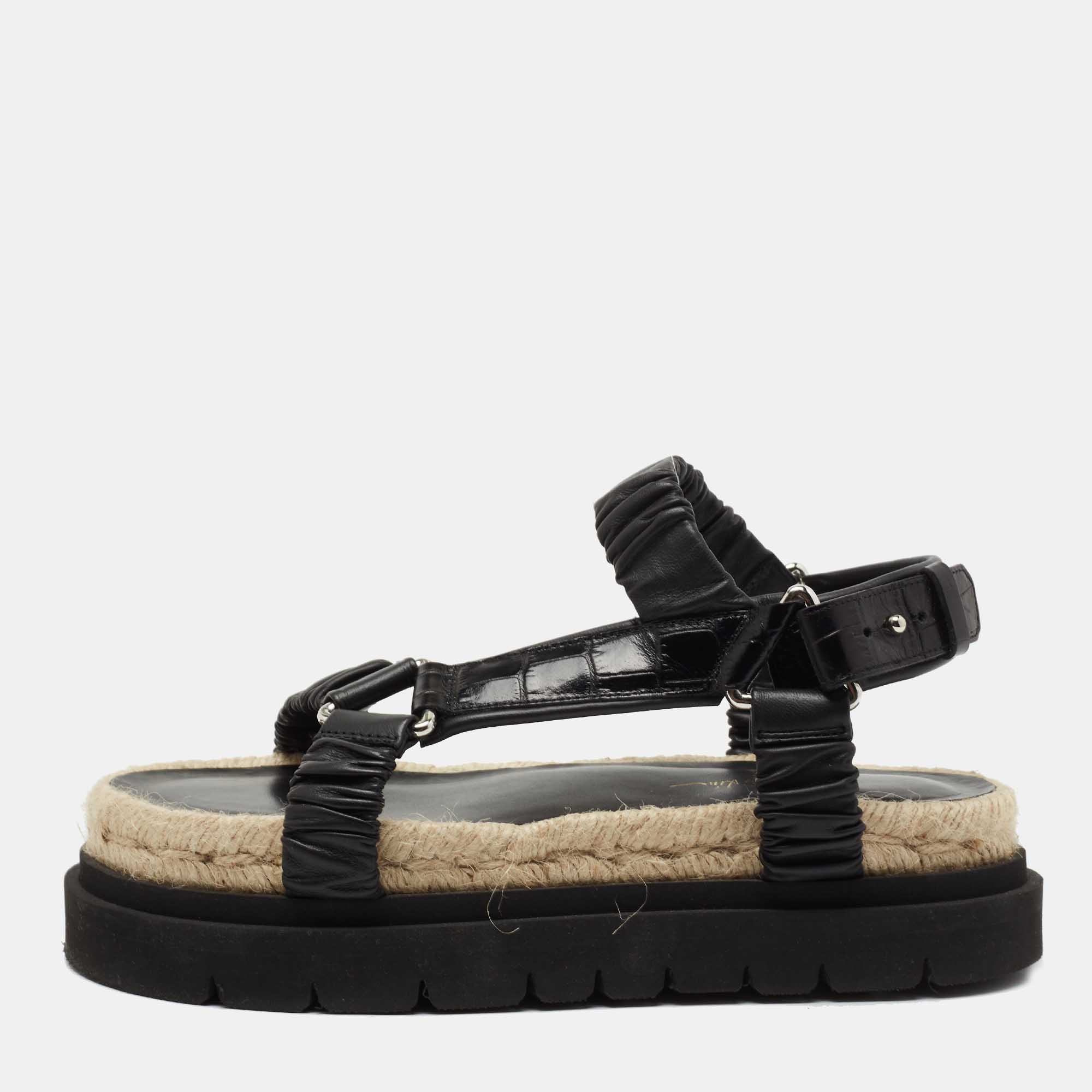 Pre Owned 3.1 Philip Lim Black Croc Embossed and Leather Espadrille Sandals Size 38