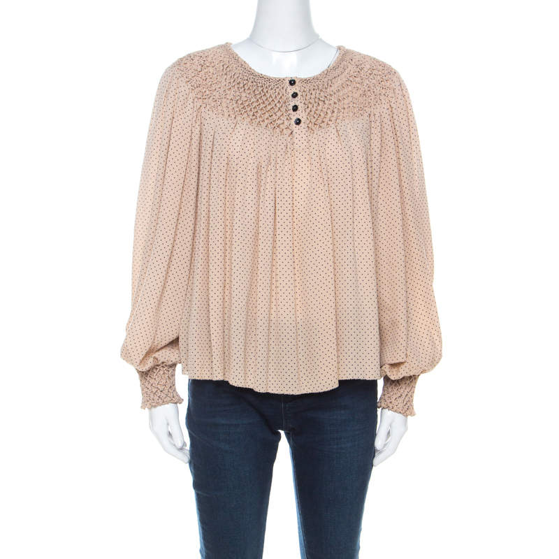 Pre Owned 3.1 Phillip Lim Beige Polka Dot Silk Smock Detail Long Sleeve Blouse M 