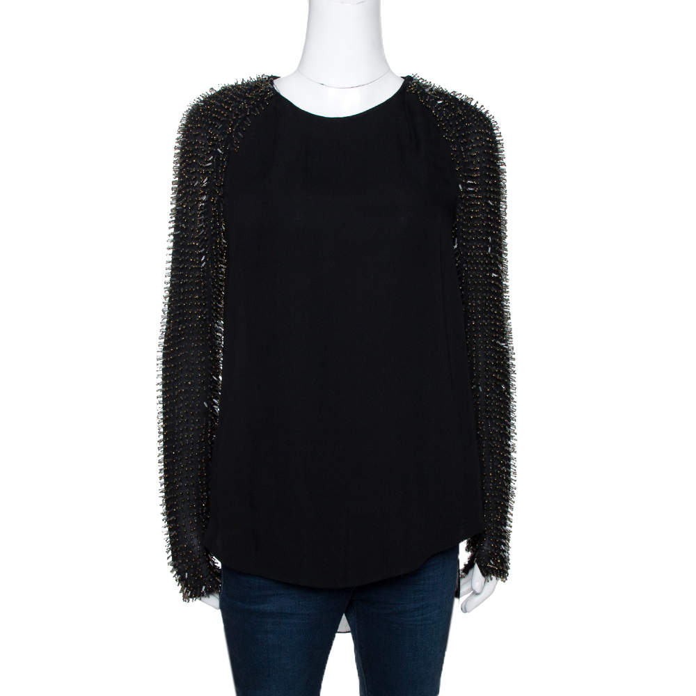 مملوكة مسبقًا 3.1 Phillip Lim Black Silk Crepe Static Beaded Sleeve Top XS