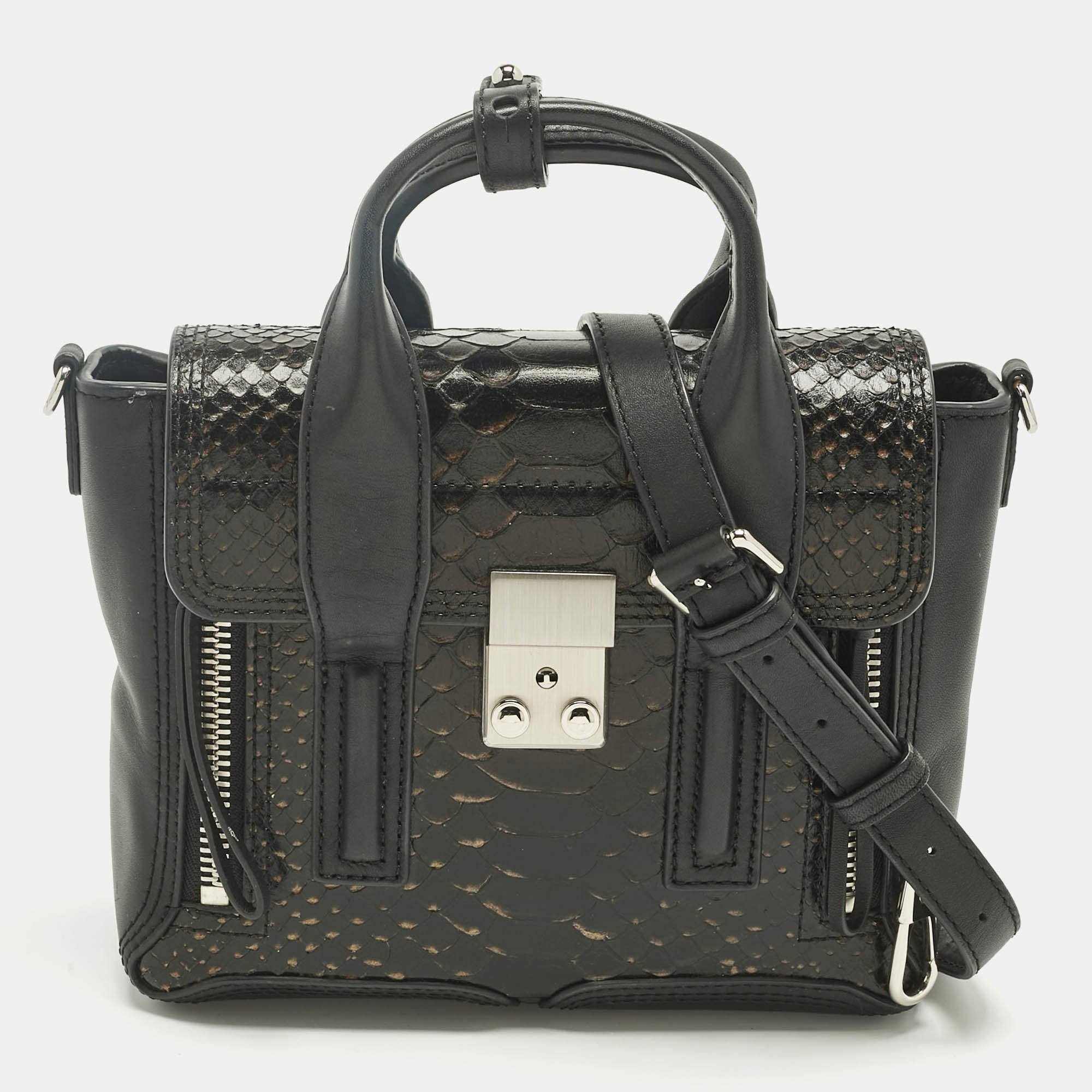 Pre Owned 3.1 Phillip Lim Black Python Embossed and Leather Mini Pashli Satchel