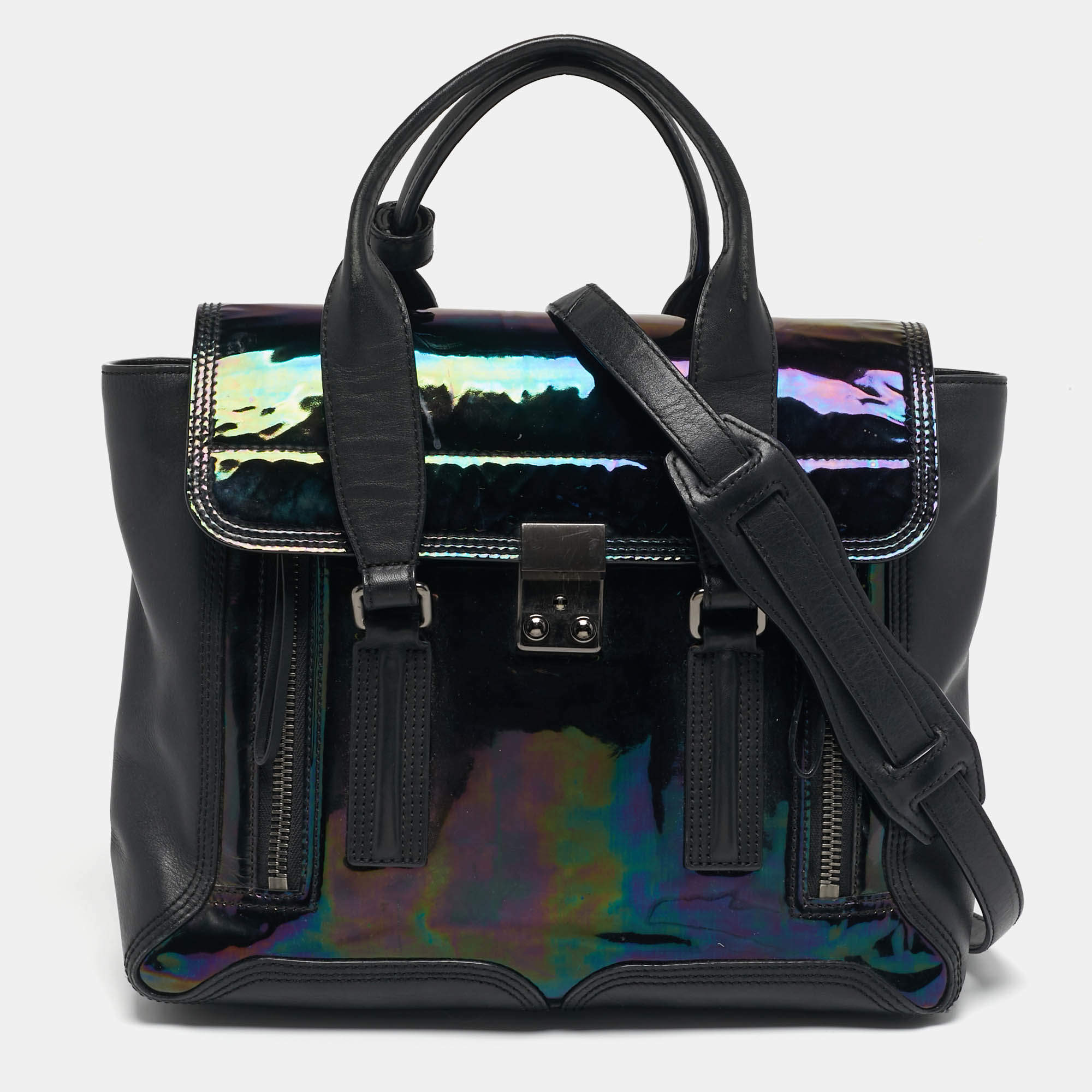 مملوكة مسبقًا 3.1 Phillip Lim Pashli Black/Holographic Patent Leather and Leather Satchel