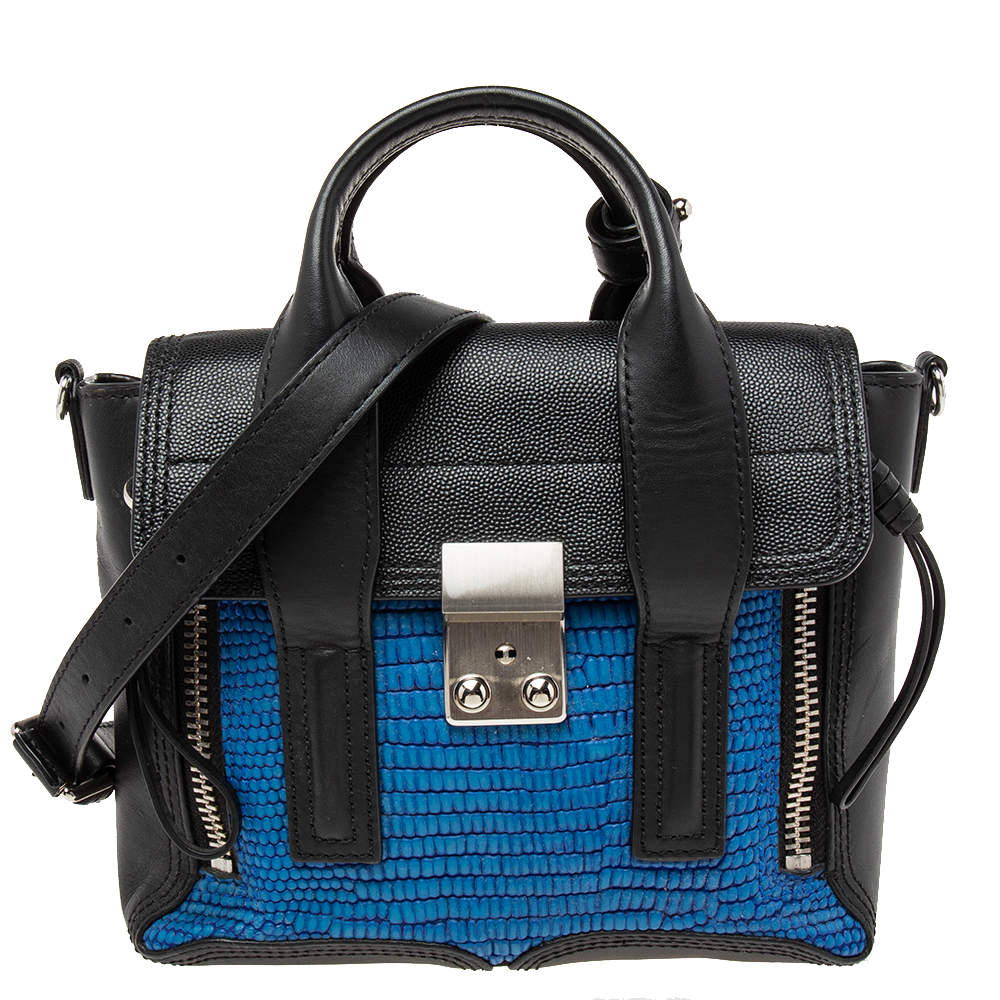 Pre Owned 3.1 Phillip Lim Black/Blue Croc Embossed Leather Mini Pashli Satchel