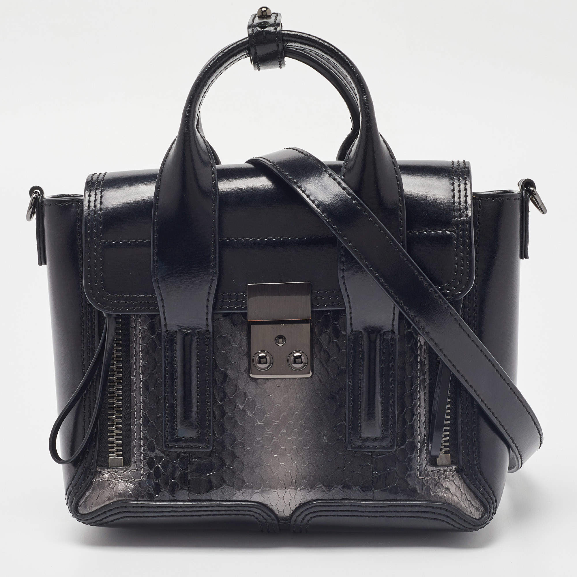 Pre Owned 3.1 Phillip Lim Black Watersnake and Leather Mini Whipstitch Pashli Satchel